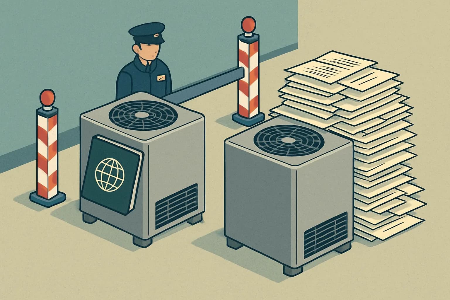 Two identical HVAC units at a customs checkpoint. One carries an EPD stamped passport and walks through smoothly. The other faces a wall of paperwork that adds weight to the unit.