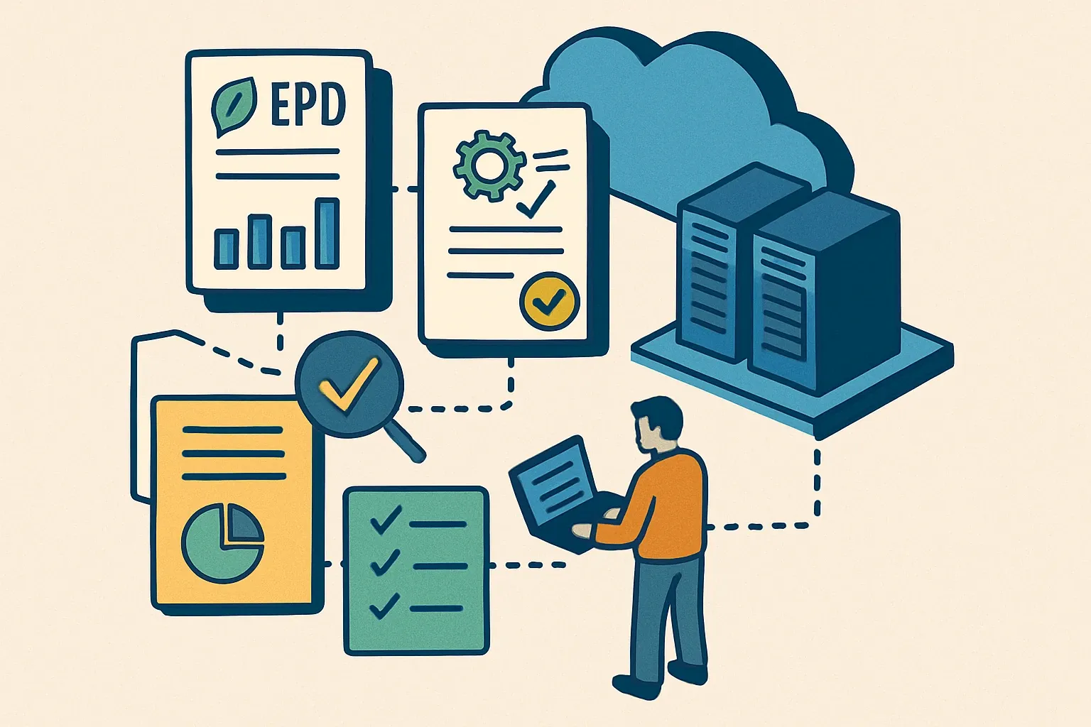 Generate an illustration for an article following this concept:
Prepare EPD Data for Hyperscaler and Accord Demands
Cloud and data‑center buyers are aligning on embodied‑carbon rules that move faster than many specification cycles. If product data is incomplete or nonstandard, bids stall and margins erode. The fix is simple in concept and hard in practice. Translate the accords into specific EPD fields, verify the life‑cycle scope, close metadata gaps, then automate checks so the portfolio stays spec‑ready as thresholds tighten.
Ensure that you use no text, as this illustration will be used on international translations of the article..
Use an illustrative style (e.g. isometic) and don't generate in a photorealistic style.