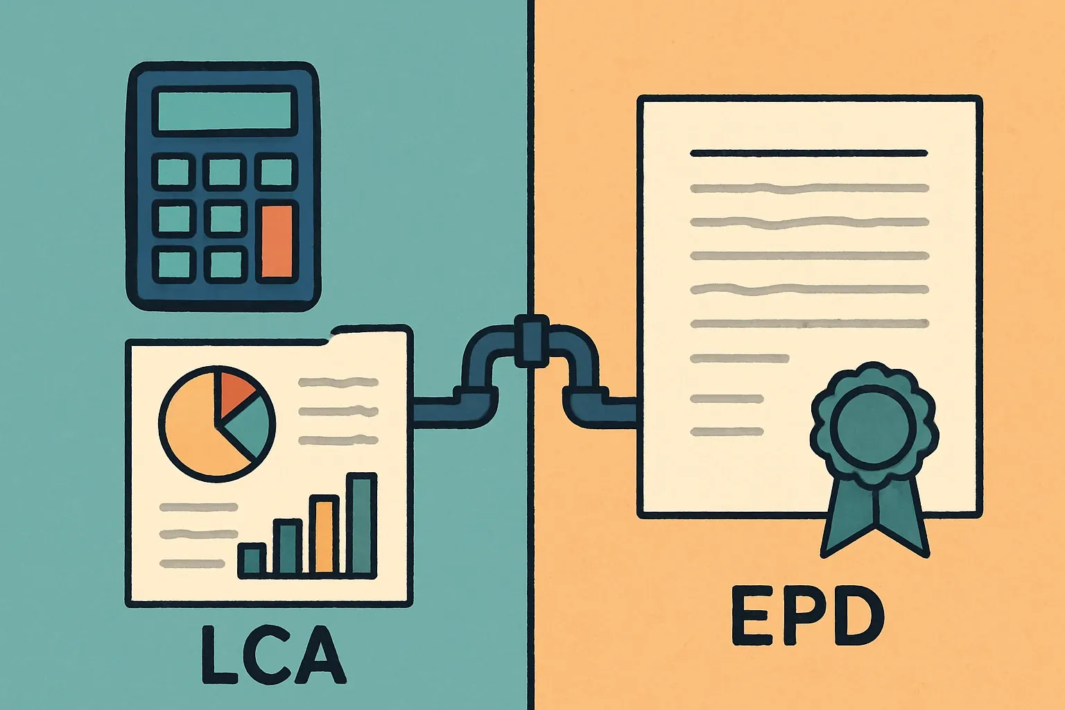 Split image showing a calculator and datasets on one side labeled LCA and a stamped certificate on the other side labeled EPD, connected by a simple pipeline icon.