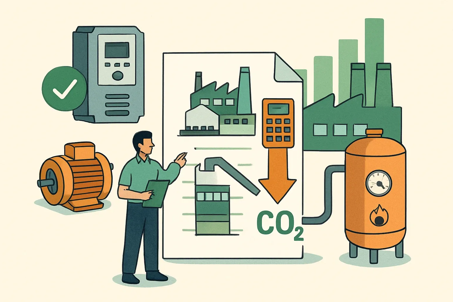 Generate an illustration for an article following this concept:
Turn Upgrades Into Lower EPD Numbers
New motors, VFDs, smarter boilers. Great for utility bills, yet many teams are unsure when those gains can flow into existing LCAs and EPDs. Here’s how to decide if an update is due, what process‑energy data to capture while contractors are still on site, and the cleanest route to get improvements reflected in product carbon numbers without derailing production or sales cycles.
Ensure that you use no text, as this illustration will be used on international translations of the article..
Use an illustrative style (e.g. isometic) and don't generate in a photorealistic style.