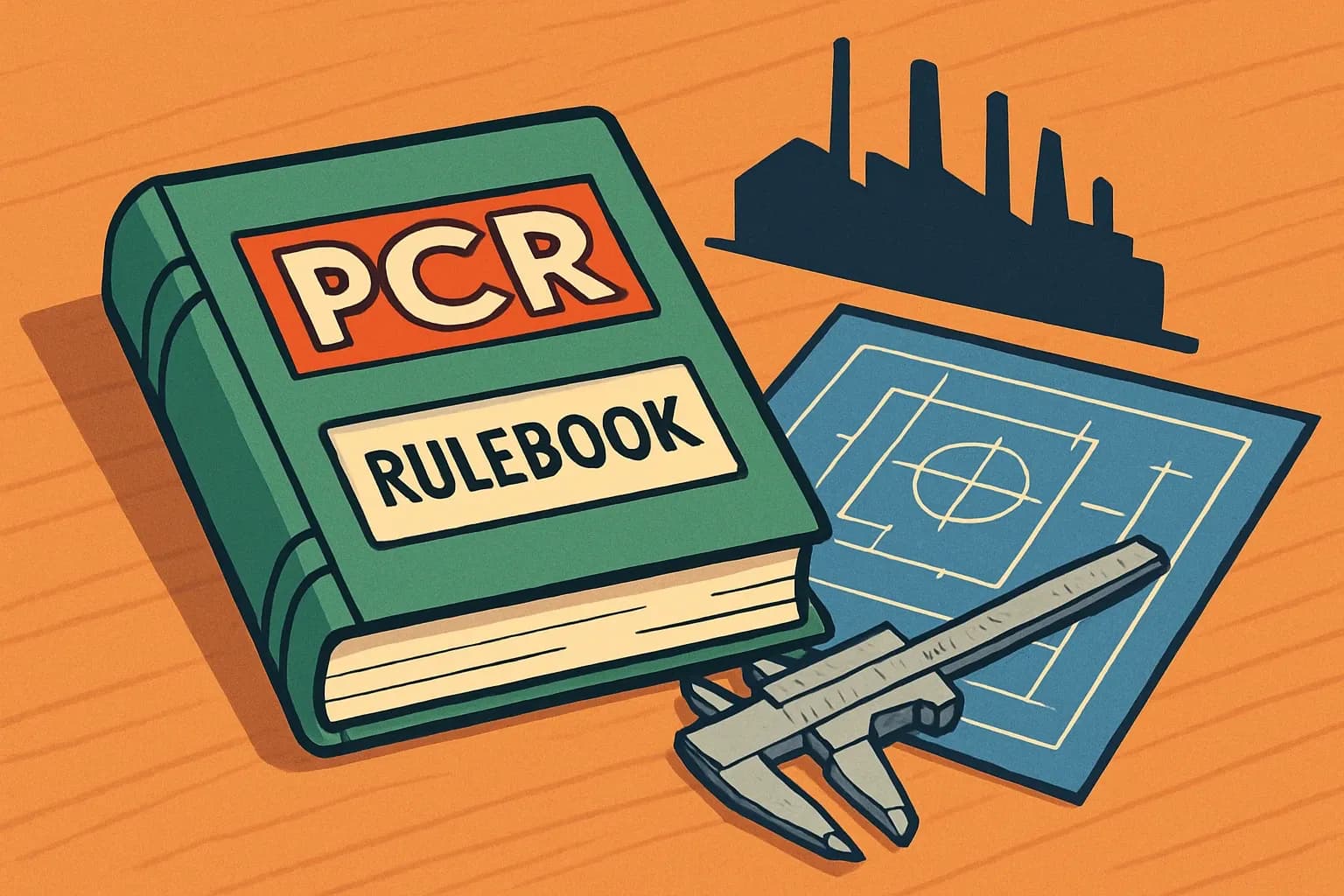A Monopoly‑style rulebook labeled PCR on a workbench beside a blueprint, caliper, and a factory silhouette, conveying that rules govern the game.