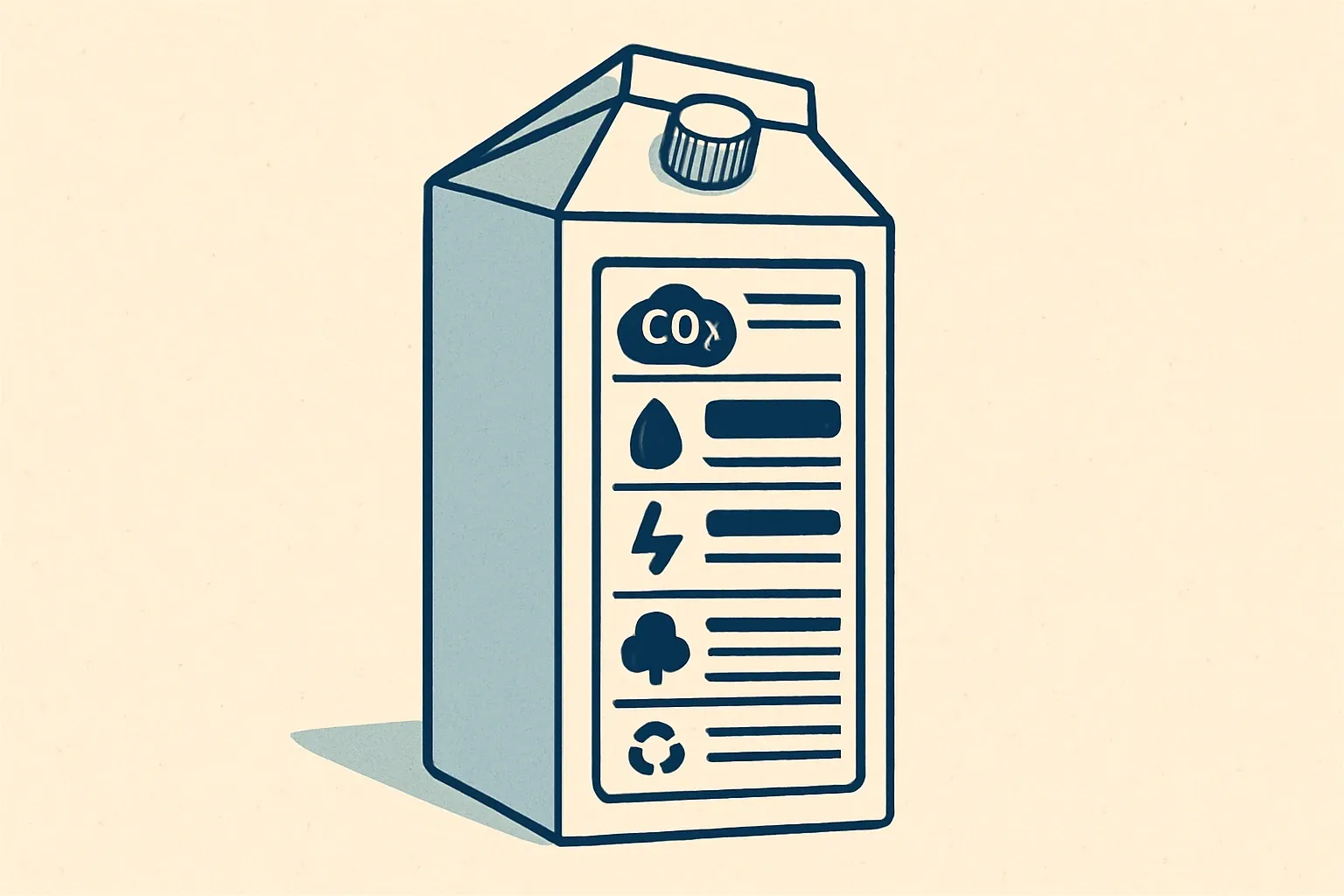 A clean product carton with a bold, simple label listing carbon and other impact icons, mirroring a food nutrition label to convey clarity and standardization.
