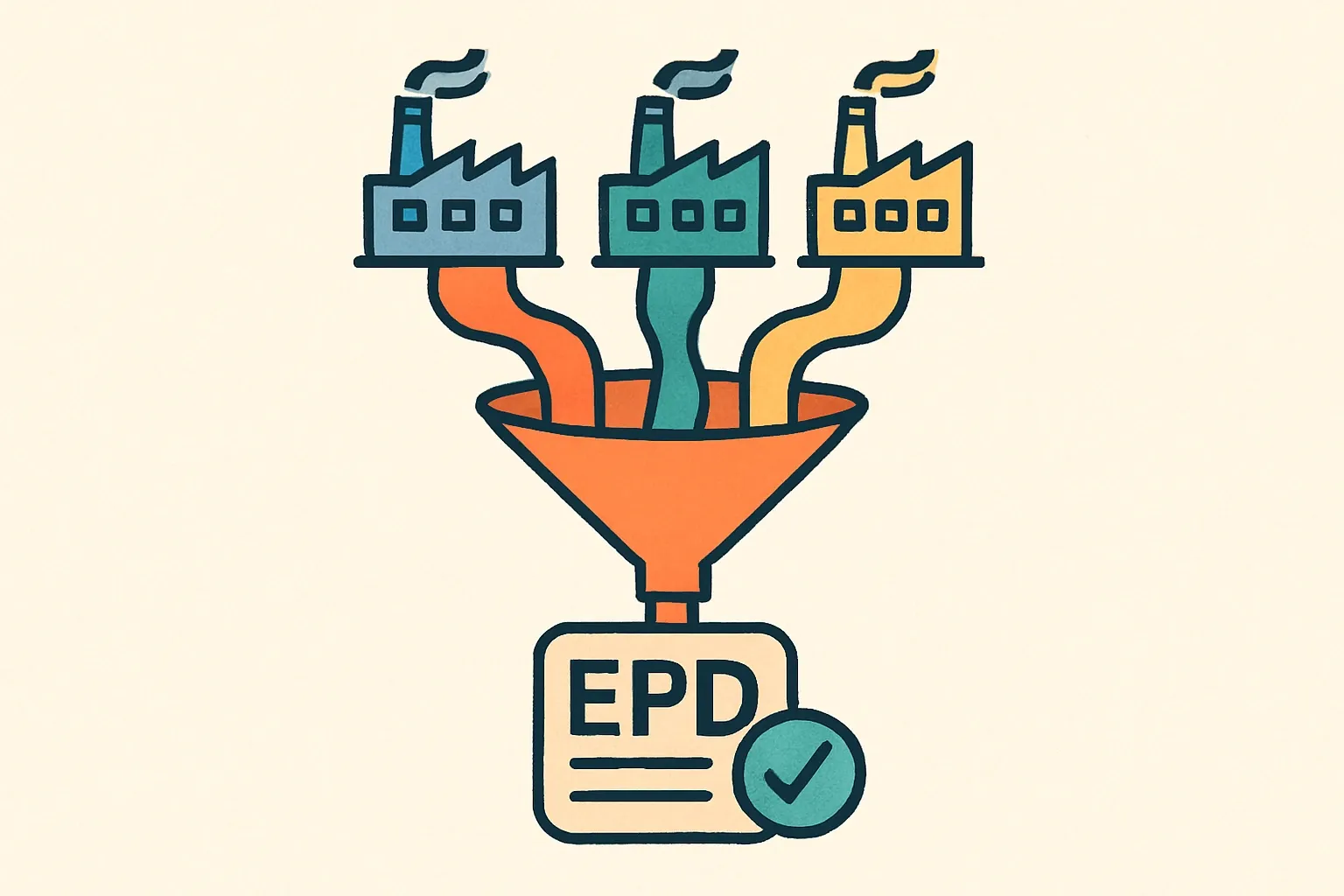 Factory icons feeding colored data streams into a funnel that outputs a single, validated EPD file badge.