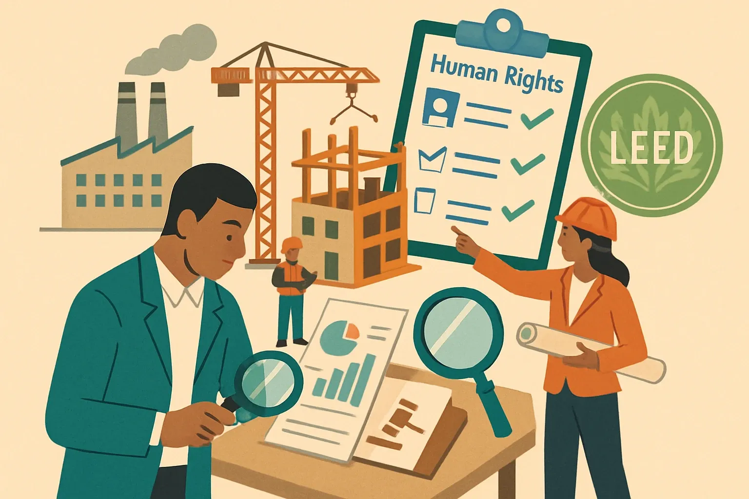 Generate an illustration for an article following this concept:
Screen Supply Chains Before Architects Ask
Specifiers are starting to ask tough questions about labor rights long before submittals. Being ready protects revenue, trims bid friction, and keeps products in play on LEED v5 projects that now weigh social equity alongside carbon. Teams that can show credible human‑rights due diligence move faster when projects heat up. Those that scramble risk delays, detentions at the border, and reputational blowback that lingers.
Ensure that you use no text, as this illustration will be used on international translations of the article..
Use an illustrative style (e.g. isometic) and don't generate in a photorealistic style.