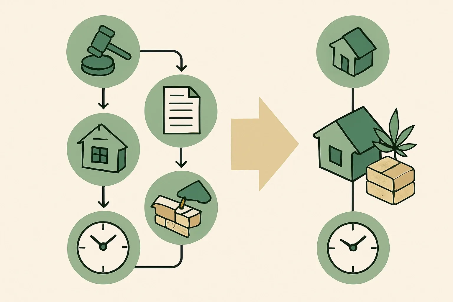 Visual flowchart showing hemp-lime permit process before and after Appendix BL adoption, highlighting fewer steps and shorter timeline.