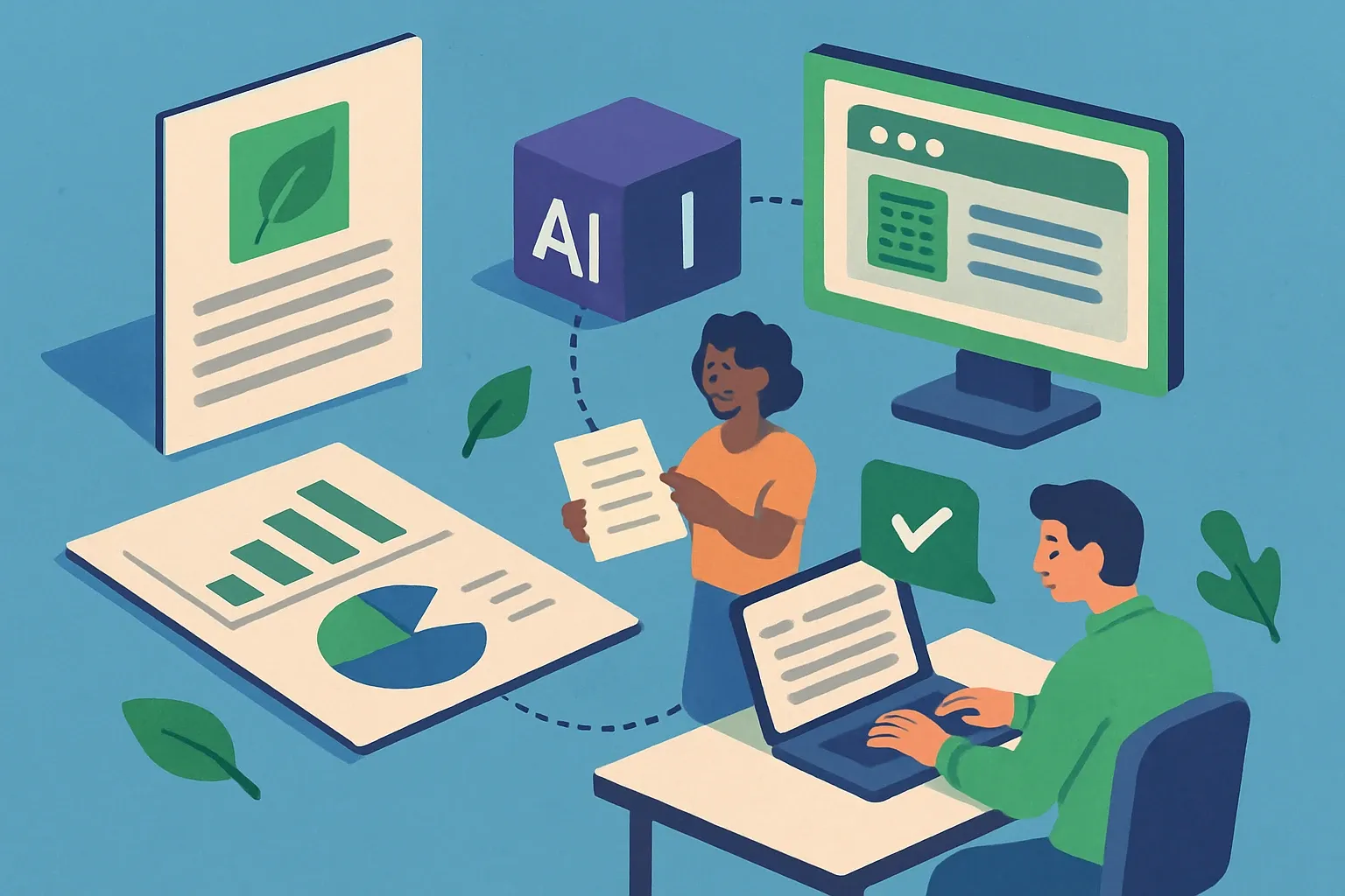 Generate an illustration for an article following this concept:
AI Sales Enablement For EPD Rich Catalogs
EPD production has sped up. The new choke point sits with sales and bid teams that must turn dense PDFs into crisp, project‑ready answers. An AI layer on top of your environmental data platform can do that heavy lifting, without dragging scarce sustainability experts into every RFQ.
Ensure that you use no text, as this illustration will be used on international translations of the article..
Use an illustrative style (e.g. isometic) and don't generate in a photorealistic style.