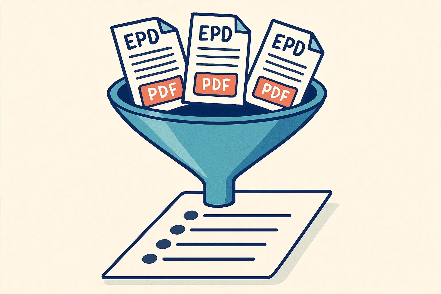 A funnel diagram where raw EPD PDFs enter the top and come out as concise bullet points, signifying data distillation for architects.