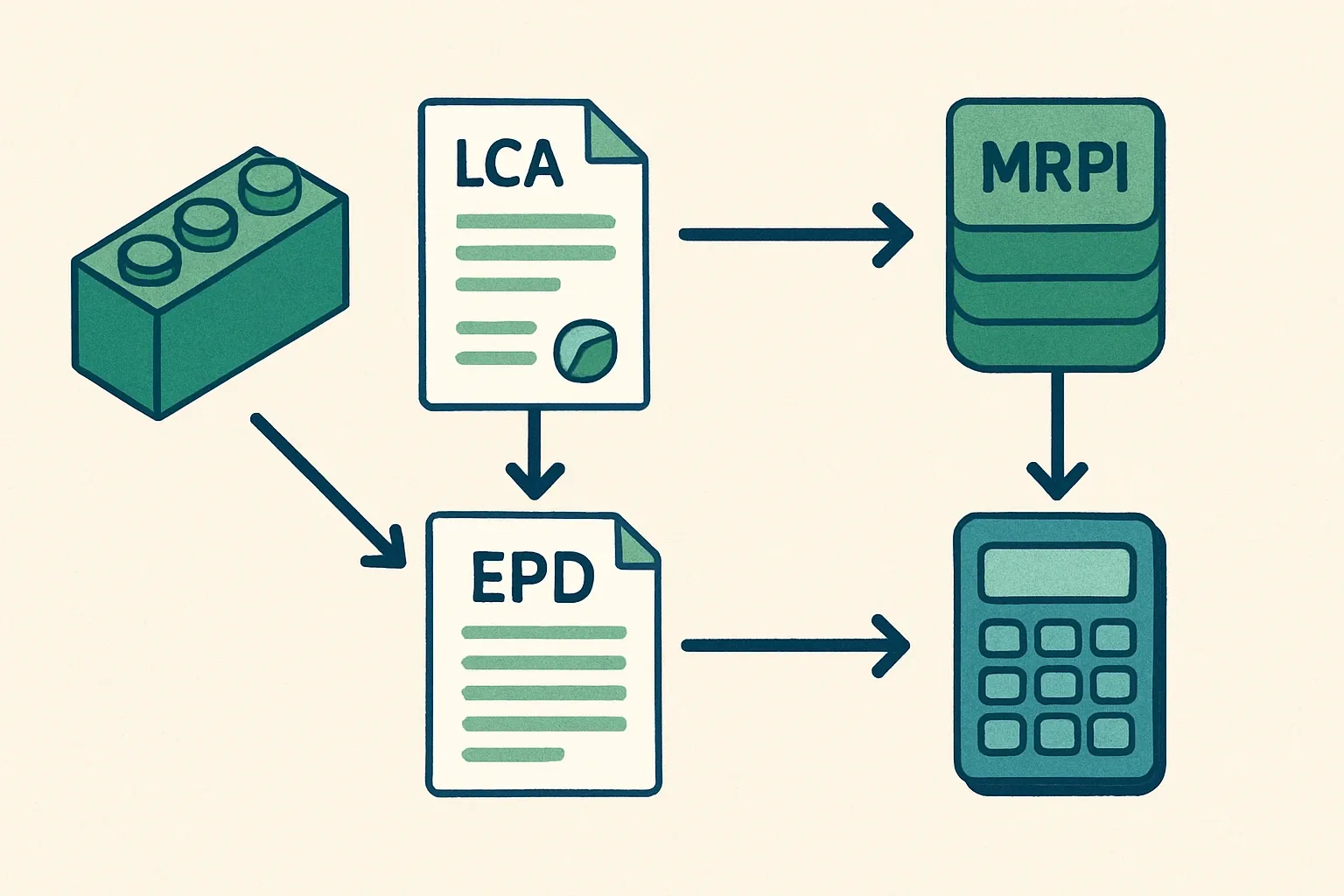 A clean diagram showing a product on the left, an EN 15804 A2 LCA feeding an EPD, then arrows to MRPI and the NMD database, ending with two calculators labeled MPG and MKI.