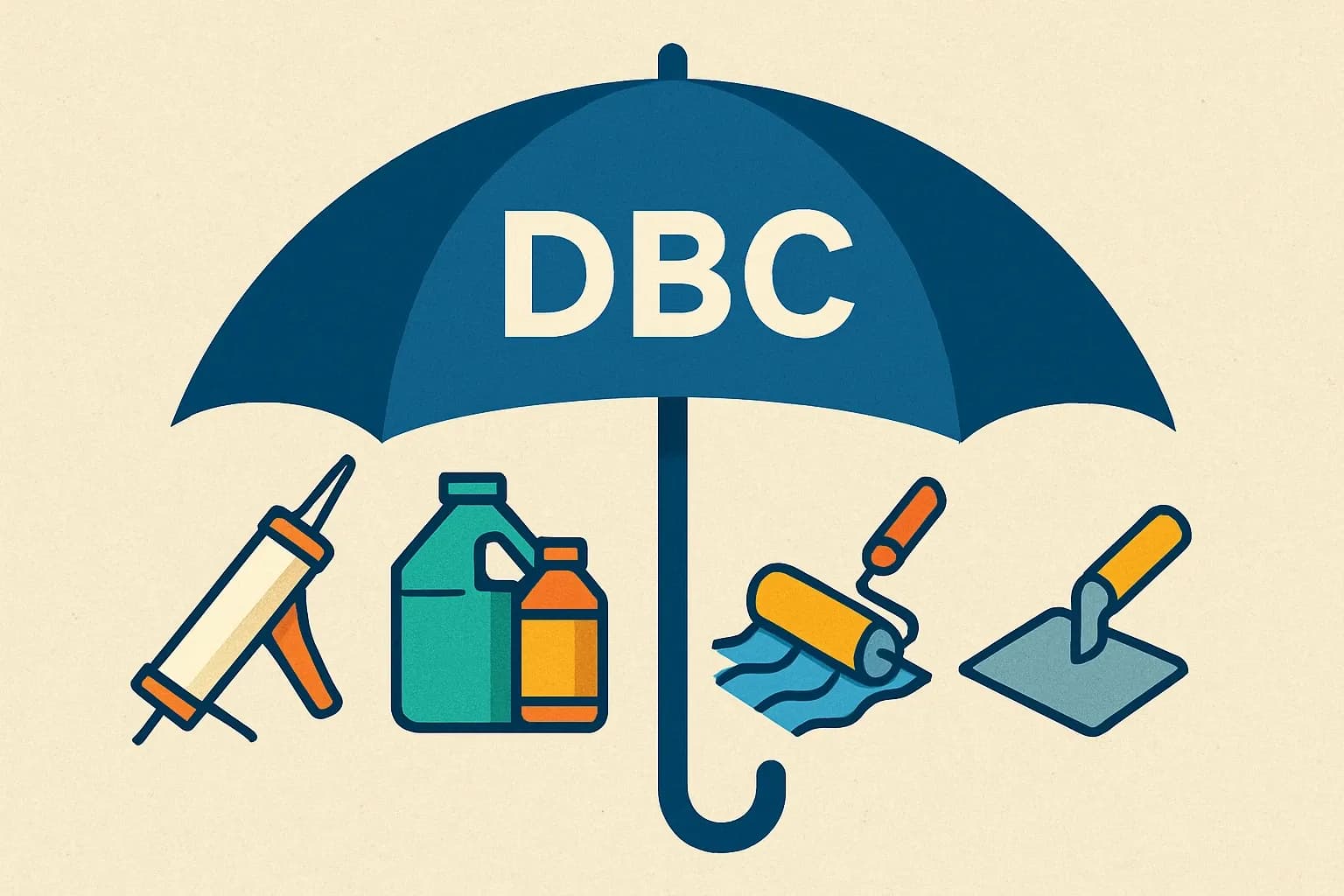 A large, simple umbrella icon labeled DBC sheltering icons for sealant tubes, admixture bottles, waterproofing rollers, and resin floor trowels to show member product families under one association.