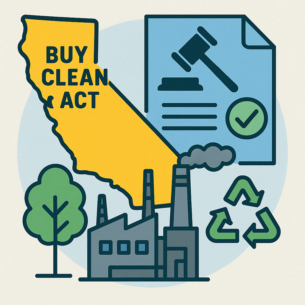 California Buy Clean Act illustration with a state map and eco symbols