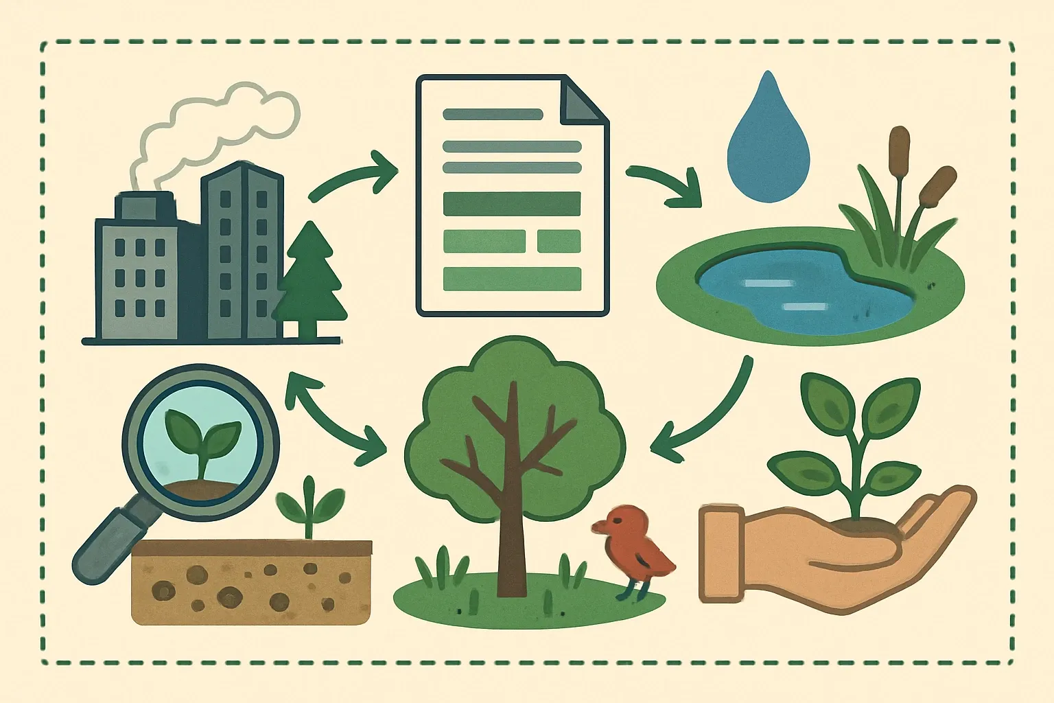 Generate an illustration for an article following this concept:
Beyond Carbon: What EPDs Miss On Ecosystem Health
EPDs win specs, but architects working from the Materials Pledge scan for a wider pattern: air, water, soil, habitat, sourcing, and restorative practices. Show that story and you move from compliant to compelling. This post maps the gap EPDs cannot fill on their own and gives manufacturers a practical disclosure checklist that shortens due‑diligence back‑and‑forth and builds trust faster with design teams.
Ensure that you use no text, as this illustration will be used on international translations of the article..
Use an illustrative style (e.g. isometic) and don't generate in a photorealistic style.