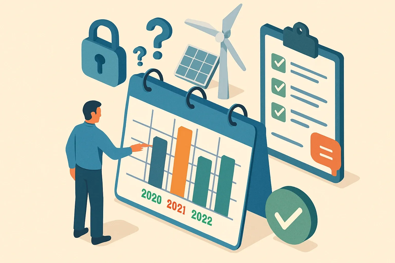 Generate an illustration for an article following this concept:
Choose Your EPD Energy Year, The Smart Way
Lock the wrong data year and verification slows, questions multiply, and the finish line moves. Pick a year that reflects normal operations, document what changed and why, and your EPD clears review with fewer comments and less rework. Here is how operations leaders and ESG heads can choose a representative period that reads as credible to verifiers and useful to sales.
Ensure that you use no text, as this illustration will be used on international translations of the article..
Use an illustrative style (e.g. isometic) and don't generate in a photorealistic style.