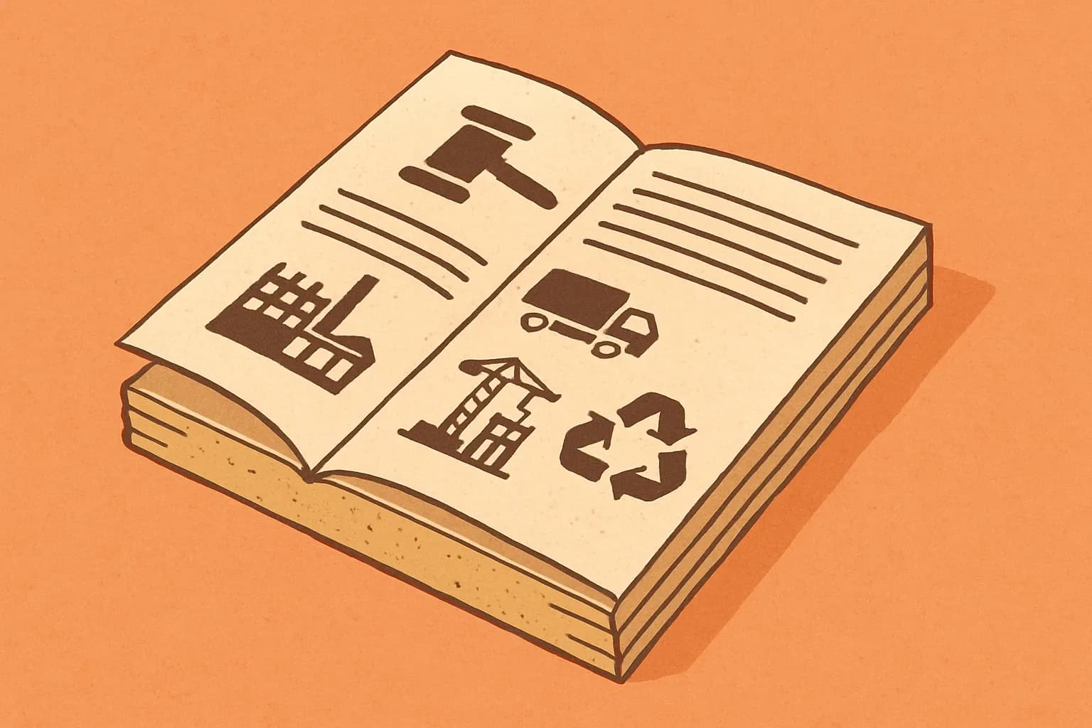 An open rulebook printed over a gypsum board sheet, with icons for factory, truck, building site, and recycling arrows to symbolize LCA stages governed by the PCR.