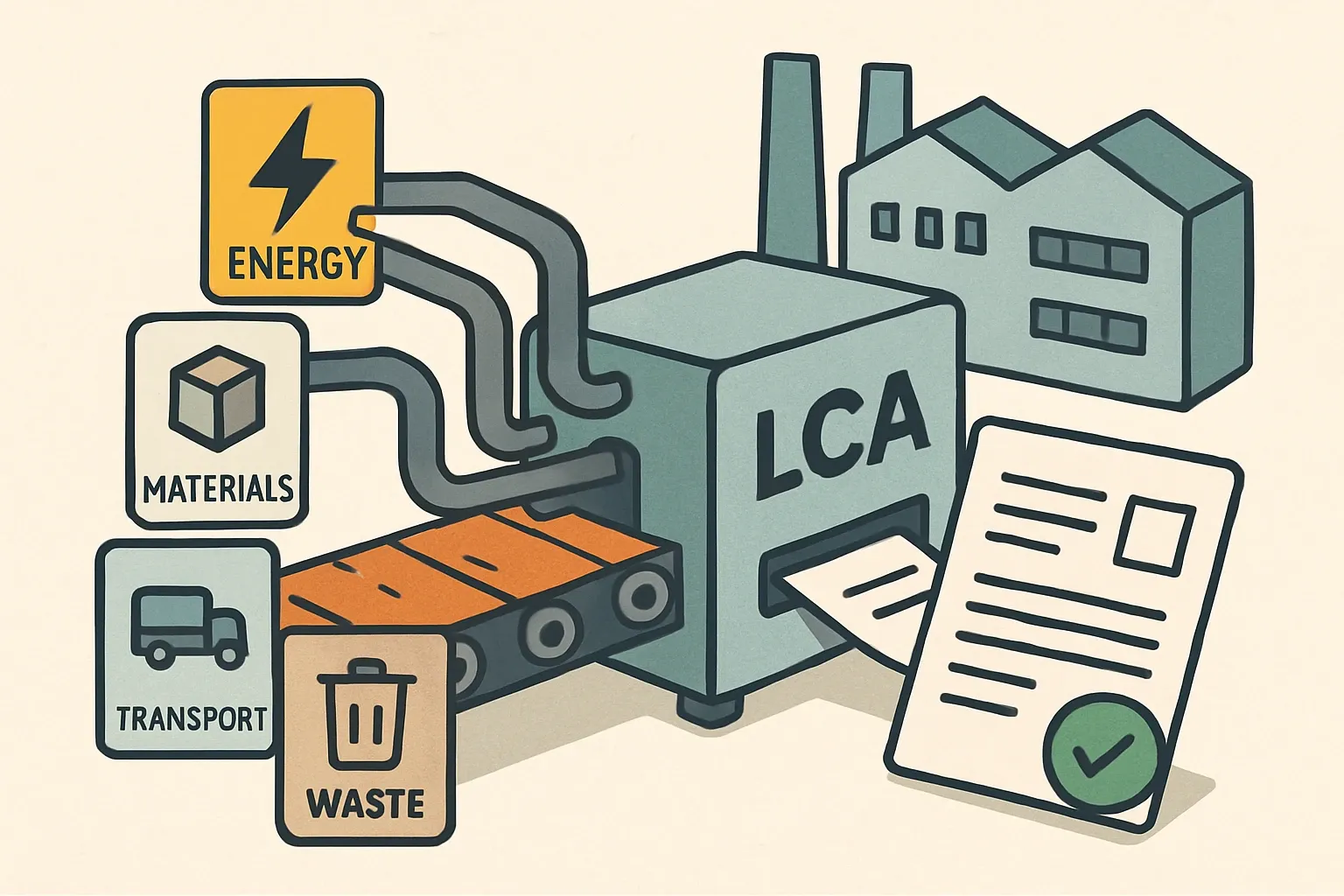 A visual conveyor showing input chits labeled energy, materials, transport, waste feeding into an LCA engine, then emerging as a clean EPD document with a verification stamp.