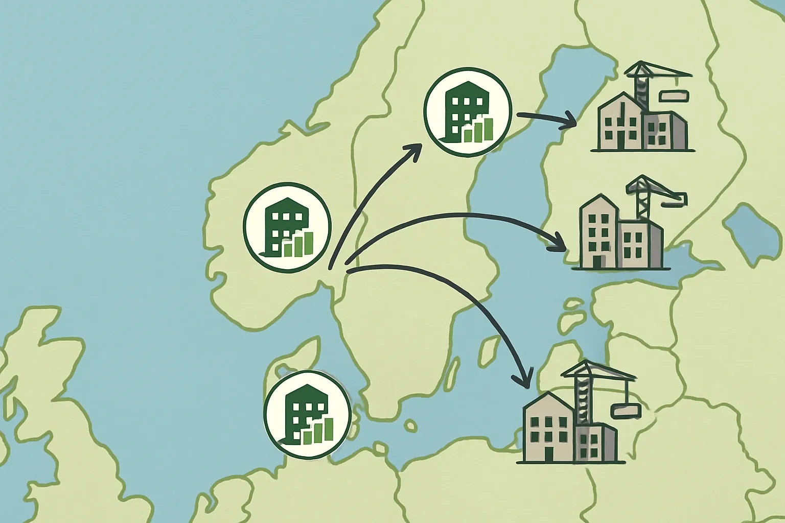 A clean map of Denmark, Sweden, and Norway showing three program operator icons in their capitals and arrows to building site icons, implying data flow from EPDs to projects.