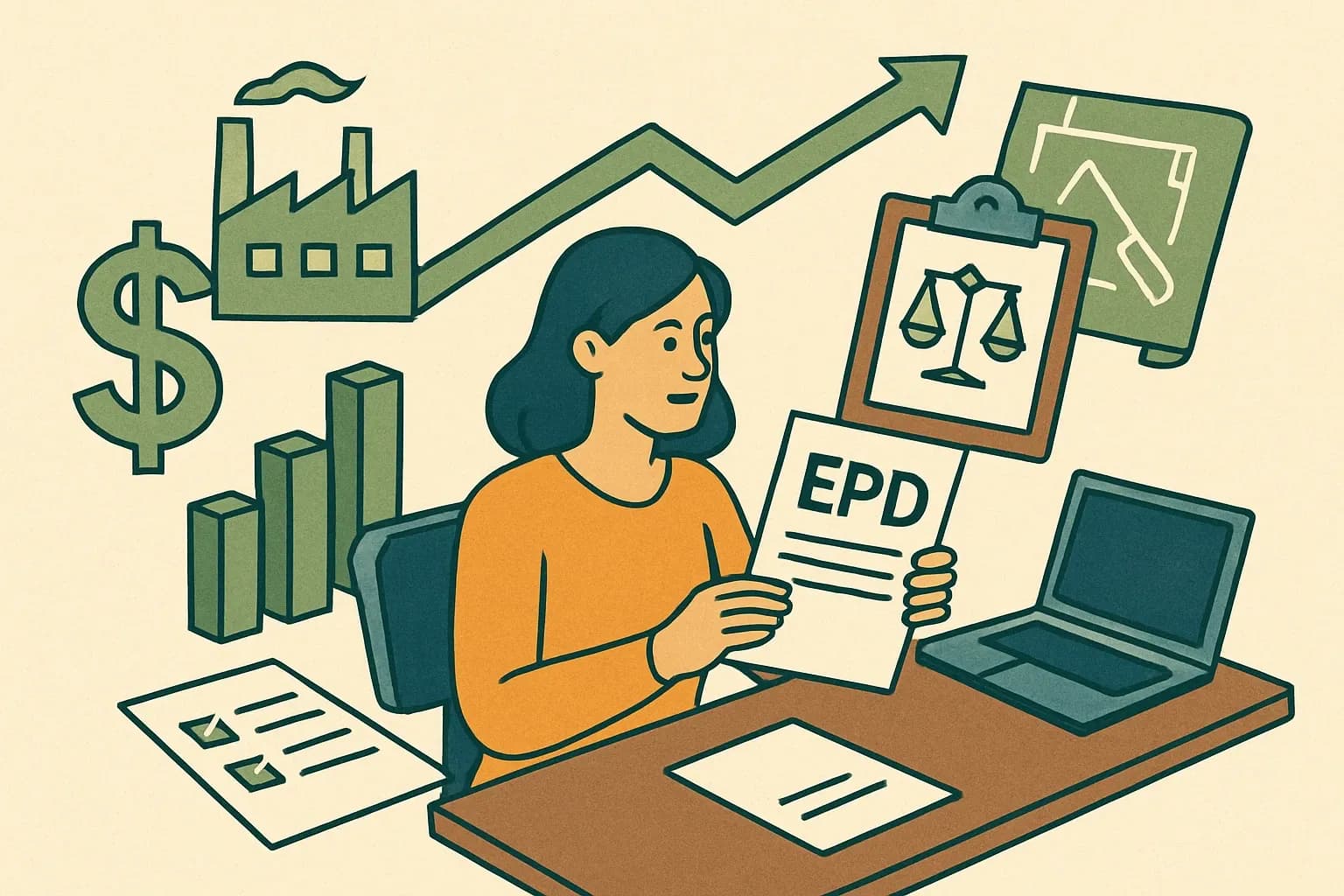 Generate an illustration for an article following this concept:
Harness EPDs for Strategic Advantage
EPDs are not paperwork. They are permission slips into projects where carbon, cost, and compliance meet. If sales keeps hearing we need an EPD to bid, this playbook shows how to turn a Type III declaration into measurable revenue, faster specs, and fewer last‑minute scrambles.
Ensure that you use no text, as this illustration will be used on international translations of the article..
Use an illustrative style (e.g. isometic) and don't generate in a photorealistic style.