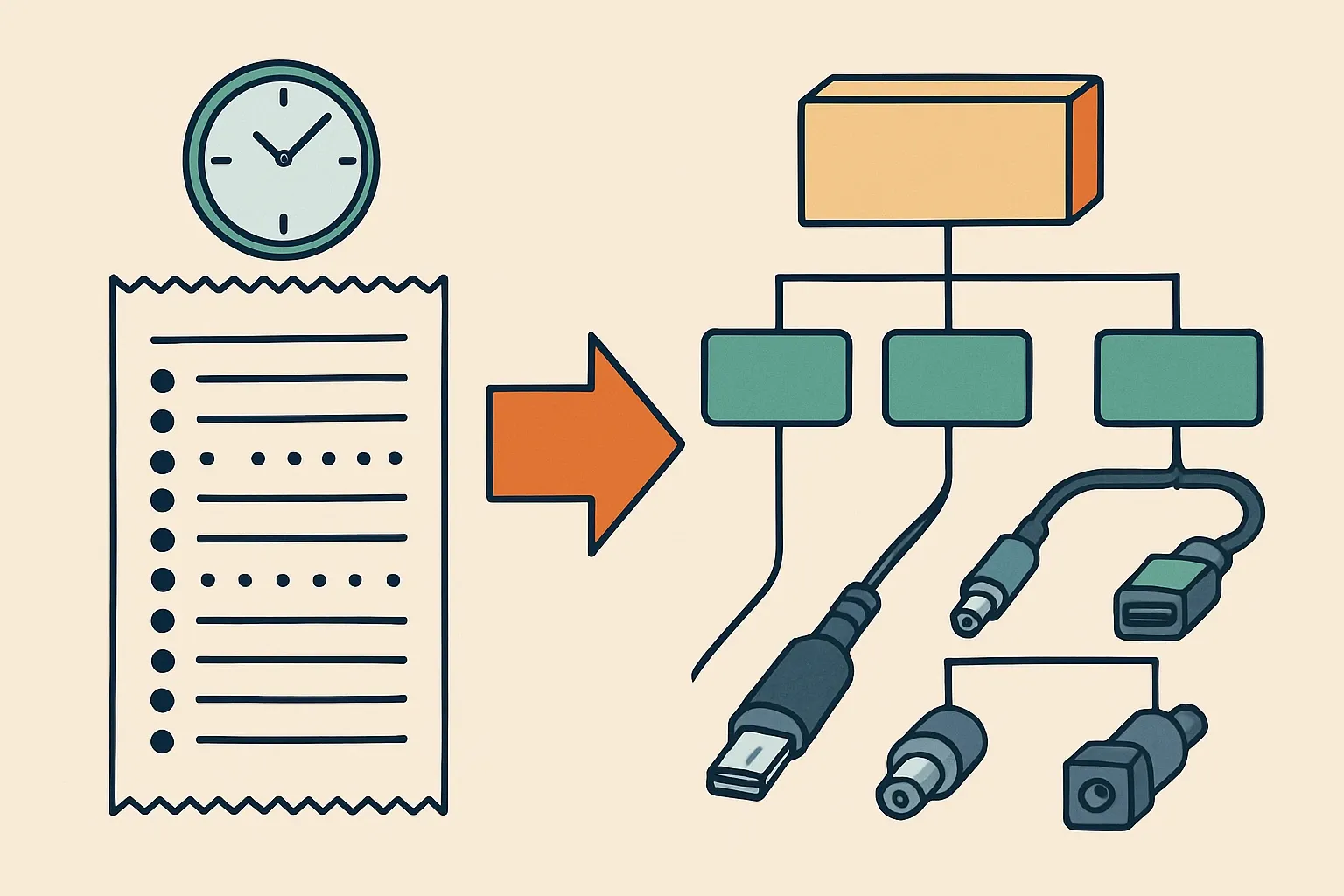 Generate an illustration for an article following this concept:
From flat BOMs to modular EPD models
BOMs dumped from PLM or ERP often read like a grocery receipt. No parents, no children, no clue which parts travel together. For assemblies with repeatable modules like cables or connectors, that flatness kills automation. Structure the data once, and you can model impacts per module, remix variants fast, and keep declarations fresh without spreadsheet marathons.
Ensure that you use no text, as this illustration will be used on international translations of the article..
Use an illustrative style (e.g. isometic) and don't generate in a photorealistic style.