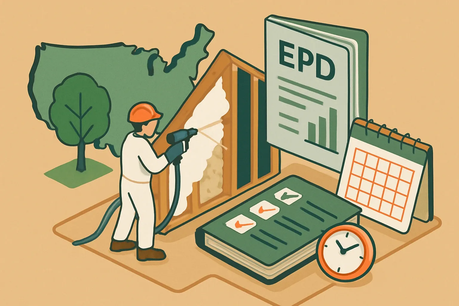 Generate an illustration for an article following this concept:
EPDs for Sprayed Insulation in the United States
If you make spray‑applied insulation, acoustic spray, or spray foam, this 2026 field guide shows who is publishing EPDs, which rulebooks dominate, and where expiries land so you can plan launches and renewals without guesswork.
Ensure that you use no text, as this illustration will be used on international translations of the article..
Use an illustrative style (e.g. isometic) and don't generate in a photorealistic style.