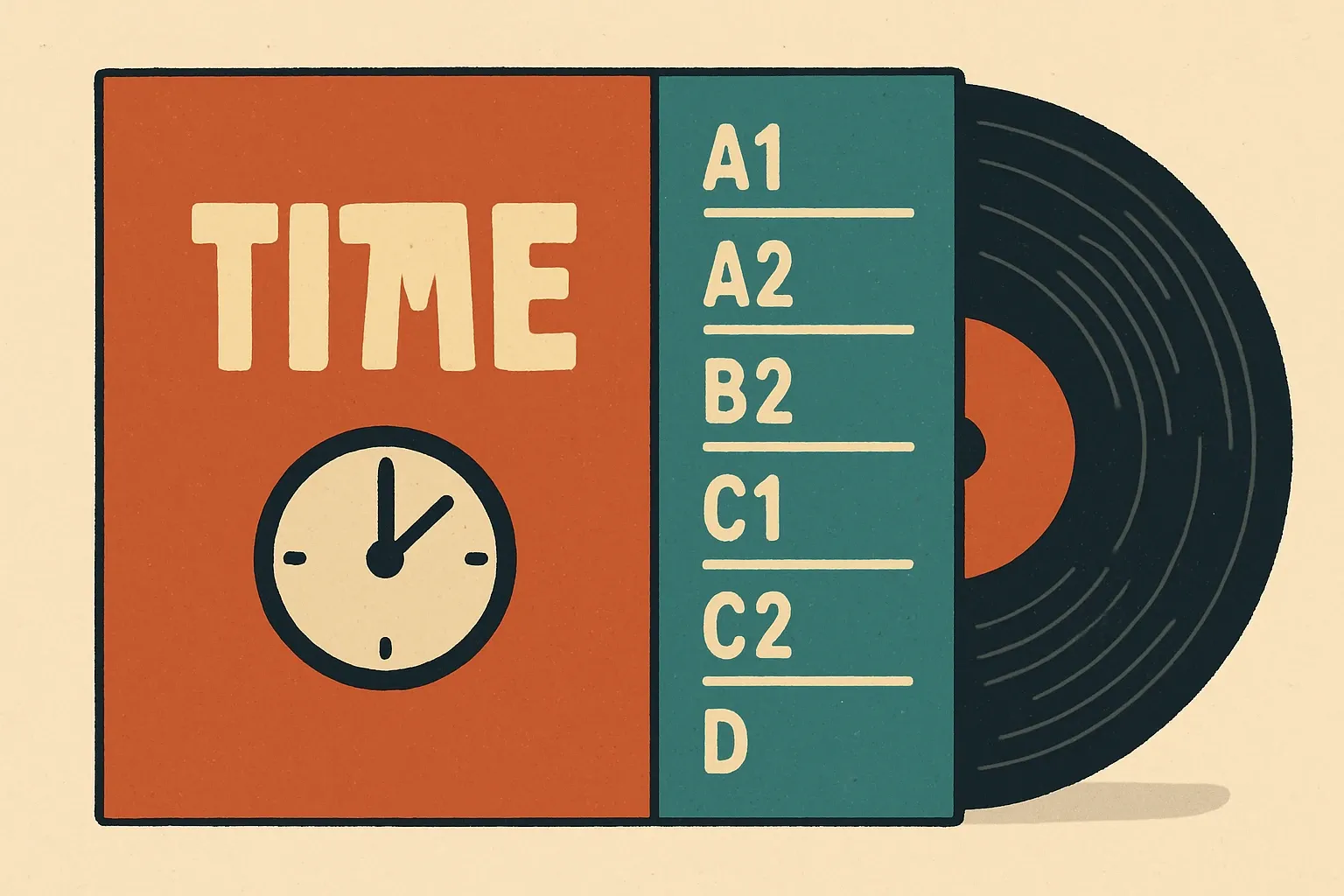 An album cover split in two. Left side shows a single bold track title with a timer icon representing the PCF number. Right side shows a full tracklist with modules A1–D as song titles, representing an EPD’s breadth.