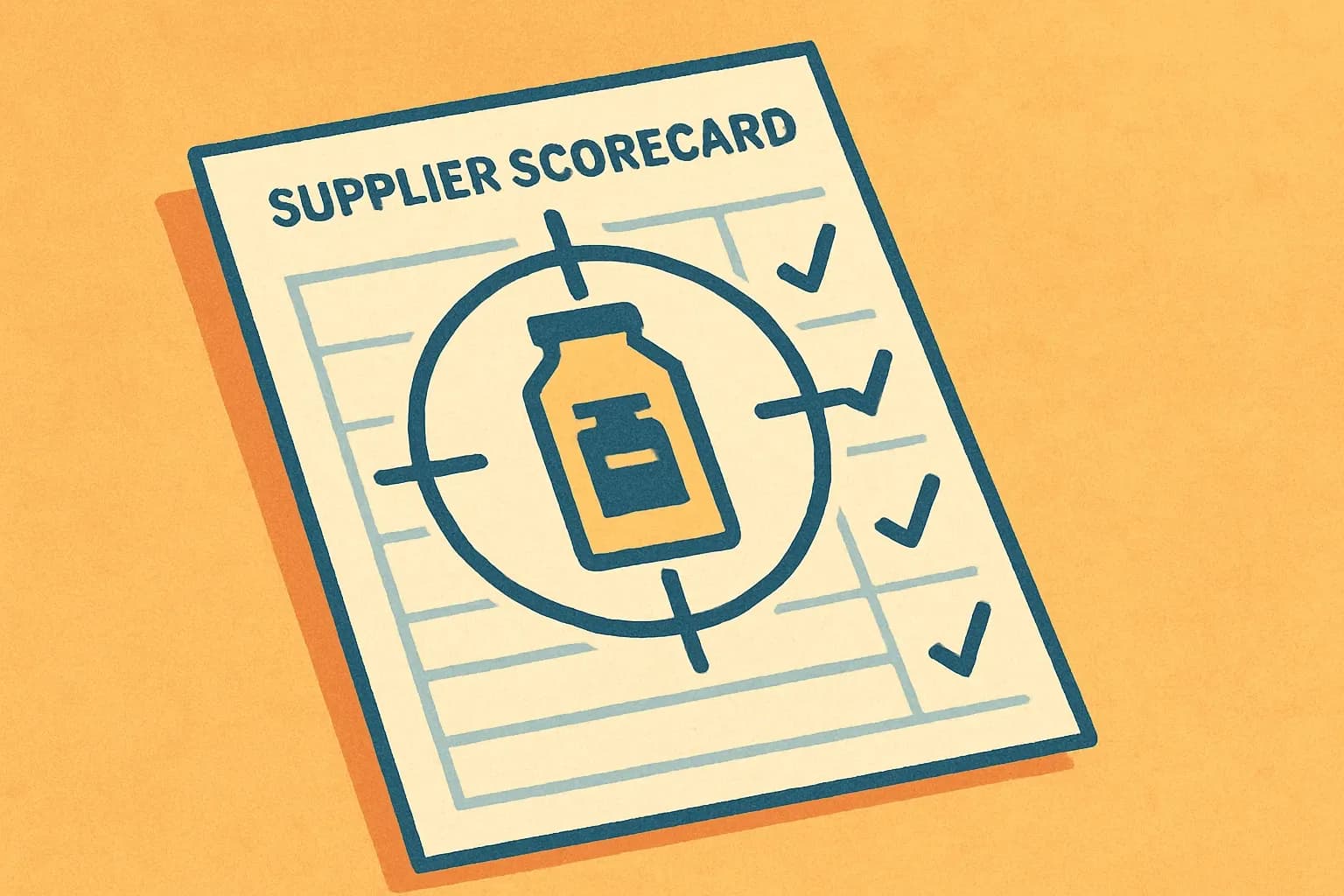 A close‑up of a supplier scorecard with a product label in the center framed by a target reticle, checkmarks for EPD