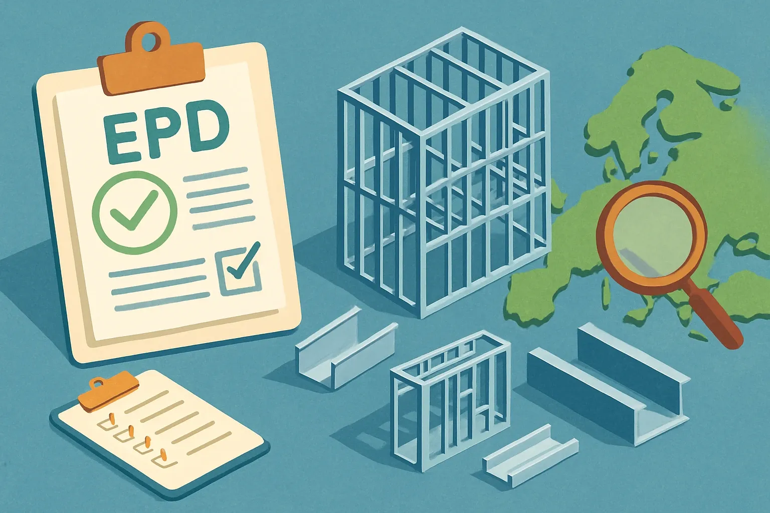 Generate an illustration for an article following this concept:
EPDs for Cold Formed Light Gauge Framing in Europe
If you make cold formed steel framing, light gauge steel studs, or thin‑walled profiles, this 2026 snapshot shows who is publishing, which program operators they choose, and the PCRs competitors rely on to get specified more often in Europe.
Ensure that you use no text, as this illustration will be used on international translations of the article..
Use an illustrative style (e.g. isometic) and don't generate in a photorealistic style.