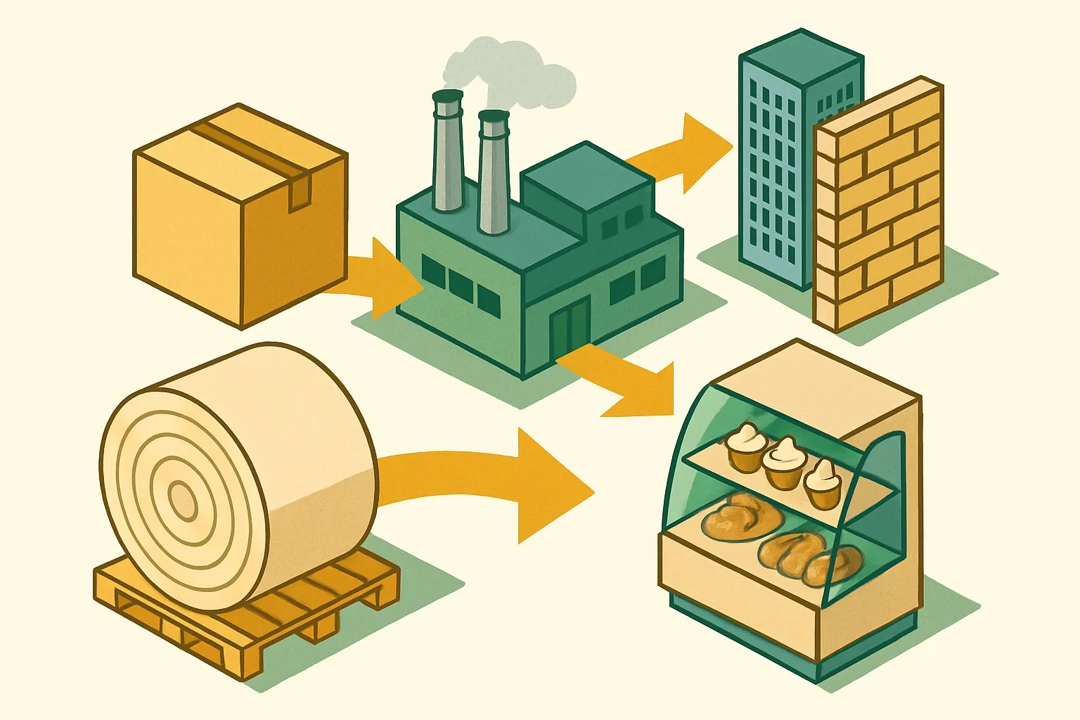 Generate an illustration for an article following this concept:
PABCO Paper: Products, Competitors, and the EPD Opportunity
PABCO Paper sits upstream of walls, boxes, and bakery cases. That makes their data powerful. If their core products carried product‑specific EPDs, downstream brands could document lower‑risk numbers faster, earning preference on projects that now scrutinize embodied carbon from day one (USGBC, 2025). Here is where they play, how broad the line looks, and the commercial upside of closing the EPD gap.
Ensure that you use no text, as this illustration will be used on international translations of the article..
Use an illustrative style (e.g. isometic) and don't generate in a photorealistic style.