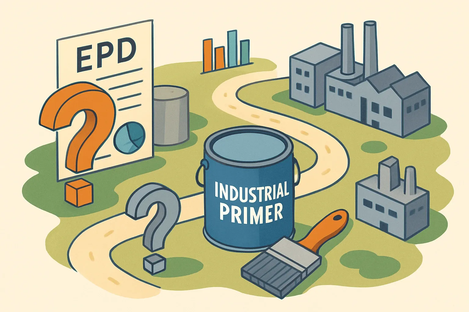 Generate an illustration for an article following this concept:
Is there an industry‑wide EPD for industrial primers?
Short answer for anyone hunting an industry‑wide EPD or sector average EPD for industrial primers: in most markets, no. A few associations publish averages for other coating families, but not for the zinc‑rich and epoxy steel primers specifiers mean when they say “industrial primer.” Here’s the landscape and how to win specs without waiting.
Ensure that you use no text, as this illustration will be used on international translations of the article..
Use an illustrative style (e.g. isometic) and don't generate in a photorealistic style.