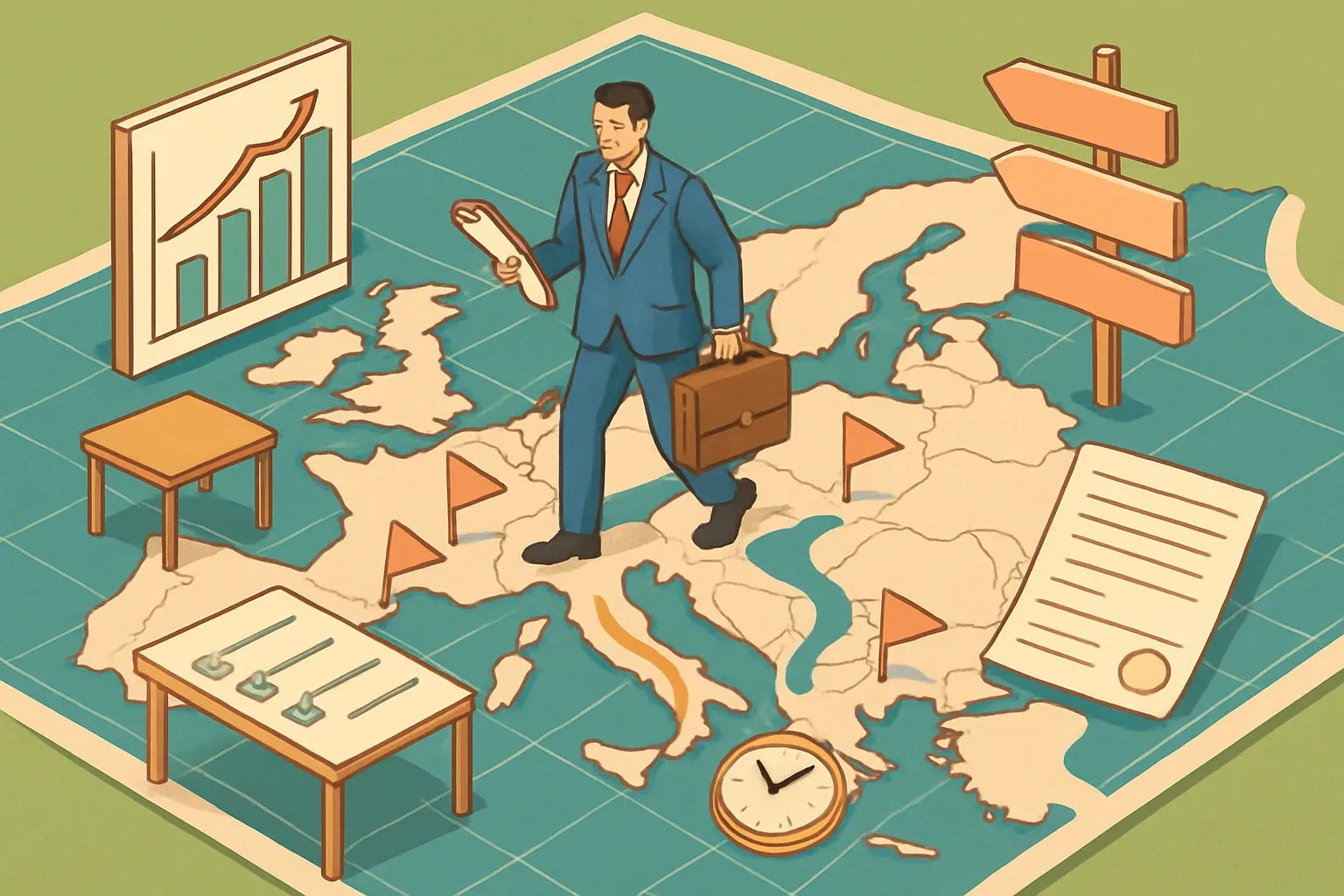 Generate an illustration for an article following this concept:
EPDs for Tables in Europe: The Data‑Based Guide
If you make tables, desks, workstations or conference benches for projects in Europe, this 2026 snapshot shows exactly where the EPD bar sits, who publishes most declarations, which PCRs competitors choose, and when expiries will hit. Use it to benchmark your roadmap, avoid dead‑ends, and pick the right path to a credible, spec‑ready EPD.
Ensure that you use no text, as this illustration will be used on international translations of the article..
Use an illustrative style (e.g. isometic) and don't generate in a photorealistic style.