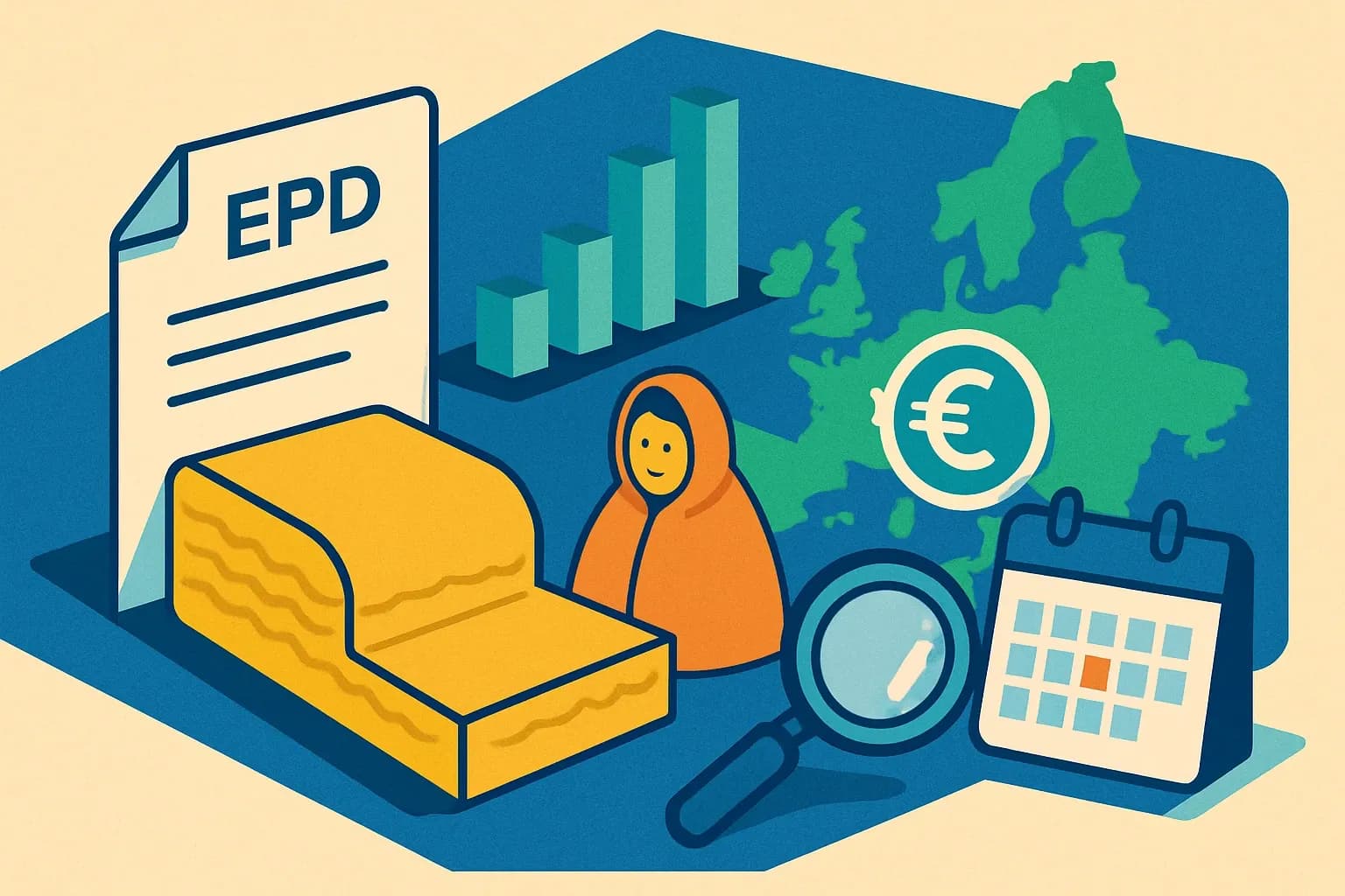 Generate an illustration for an article following this concept:
Blanket Facing EPDs in Europe: The data‑based guide
Planning Blanket Facing or faced insulation releases in 2026 and want the full picture fast? This guide distills who is publishing, which program operators and PCRs dominate, and when renewals hit, so product and sustainability leaders can move with confidence this year.
Ensure that you use no text, as this illustration will be used on international translations of the article..
Use an illustrative style (e.g. isometic) and don't generate in a photorealistic style.