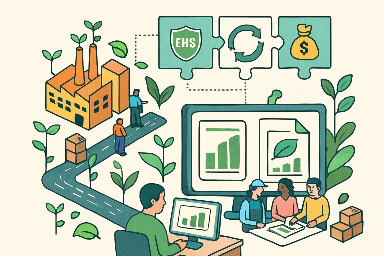 Generate an illustration for an article following this concept:
Who owns EPDs and circularity inside manufacturers
As plants multiply, the question gets louder. Who leads EPDs and circularity, and how do EHS, sustainability, and procurement share the work without slowing production or sales? Here is a playbook that maps clear ownership, defines handoffs, and shows how an EPD platform routes data so every team stays in its lane.
Ensure that you use no text, as this illustration will be used on international translations of the article..
Use an illustrative style (e.g. isometic) and don't generate in a photorealistic style.