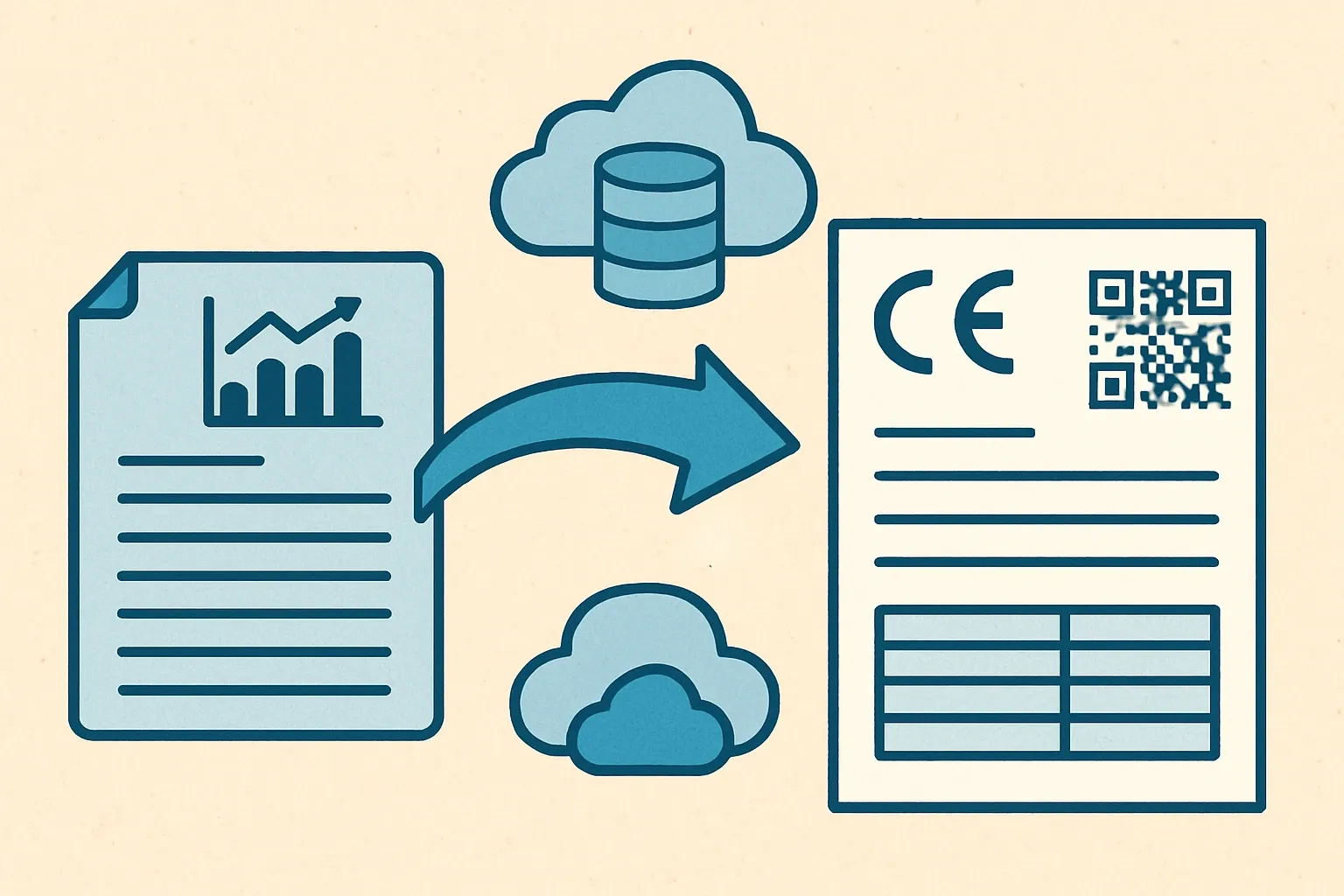 A schematic showing an EPD data set flowing into a clean, structured Declaration of Performance and Conformity template, with icons for CE marking, a QR code, and a cloud database.