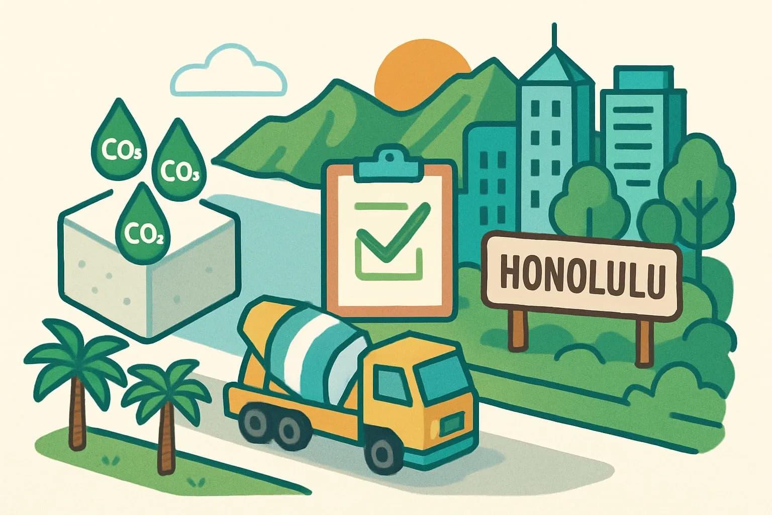 Generate an illustration for an article following this concept:
Honolulu’s Concrete Mineralization Resolution, explained
Honolulu signaled to its agencies to consider CO2‑mineralized concrete on city jobs. It is not a hard mandate, but it changes how bids are written and how submittals get judged. If you sell concrete or cementitious materials on Oʻahu, this is a spec signal you can use to win work with credible EPDs and tight data.
Ensure that you use no text, as this illustration will be used on international translations of the article..
Use an illustrative style (e.g. isometic) and don't generate in a photorealistic style.