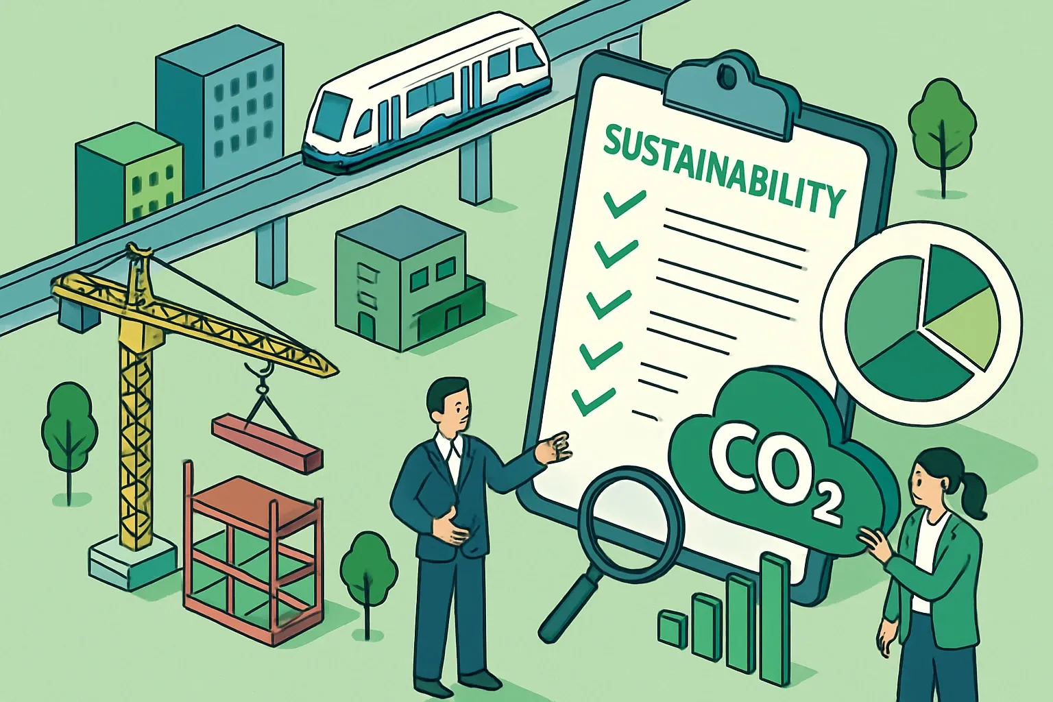 Generate an illustration for an article following this concept:
Sound Transit Sustainability Plan 2026 to 2030
Sound Transit just locked in a five year sustainability roadmap that makes embodied carbon a scoring metric across big capital projects in Puget Sound. For building product manufacturers, that means product specific EPDs and clean, verifiable data move from nice to have to gatekeeper. Teams that package declarations and digital submittals early will slide into specs faster while others scramble. The punchline is simple. Your next win in Washington may hinge on how quickly you can evidence carbon, not how loudly you pitch it.
Ensure that you use no text, as this illustration will be used on international translations of the article..
Use an illustrative style (e.g. isometic) and don't generate in a photorealistic style.