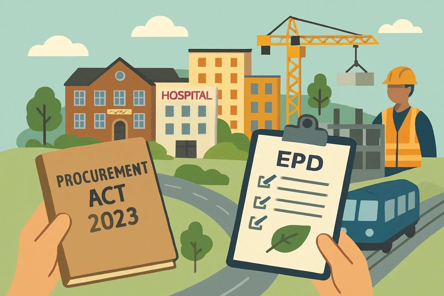 Generate an illustration for an article following this concept:
UK Procurement Act 2023, in plain English
Selling into UK public projects changed on 24 February 2025. Buyers can lean harder into environmental outcomes, ask for clearer evidence, and reward the most advantageous tender, not just the cheapest. If your products end up in schools, hospitals, housing, or transport, this law touches your pipeline. Here is what matters for construction manufacturers and how EPDs help you win calmly, not in a scramble.
Ensure that you use no text, as this illustration will be used on international translations of the article..
Use an illustrative style (e.g. isometic) and don't generate in a photorealistic style.
