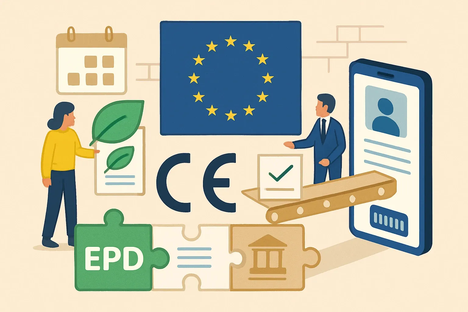 Generate an illustration for an article following this concept:
EU CPR Recast: EPDs Enter CE Marking
Selling into the EU is about to feel different. Environmental data that once lived in optional labels is moving into the same pipeline that powers CE marking, complete with digital product passports and staged deadlines. Teams that align EPDs, EN 15804 rules, and the Declaration of Performance and Conformity now will save budget and avoid do‑overs when audits start to bite next year (FPS Economy, 2025).
Ensure that you use no text, as this illustration will be used on international translations of the article..
Use an illustrative style (e.g. isometic) and don't generate in a photorealistic style.