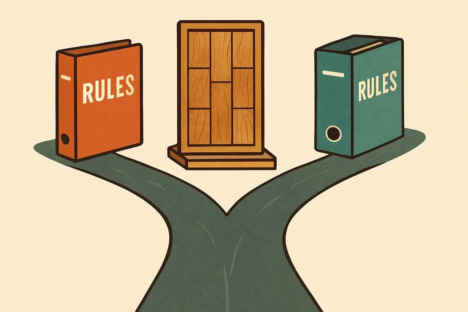 A split path graphic where a single retail flooring display divides into two roads labeled Wood‑based Laminate and Vinyl‑based Plank, each leading to a distinct rules binder.