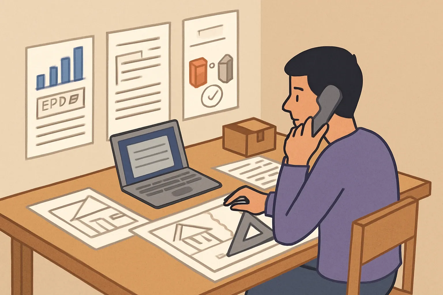 Generate an illustration for an article following this concept:
How Small‑Firm Architects Really Specify Products
For building‑product manufacturers, small firms are a different spec game. With lean teams and less in‑house technical depth, they reach outside for help more often and move faster when that help is practical. Win them by packaging EPDs, spec language, and apples‑to‑apples comparisons that answer the exact questions landing on a stretched project architect’s desk. Do this well and your product earns the low‑friction path into drawings, submittals, and procurement, even when bigger brands are circling.
Ensure that you use no text, as this illustration will be used on international translations of the article..
Use an illustrative style (e.g. isometic) and don't generate in a photorealistic style.