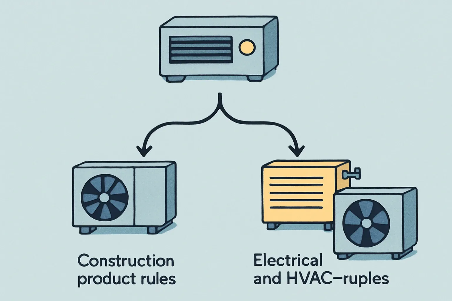 A branching diagram that starts with “Your HVAC product” and splits into two paths labeled “Construction product rules” and “Electrical and HVAC‑R rules,” each showing icons for an air handling unit, fan coil, and a heat pump to illustrate PCR selection.