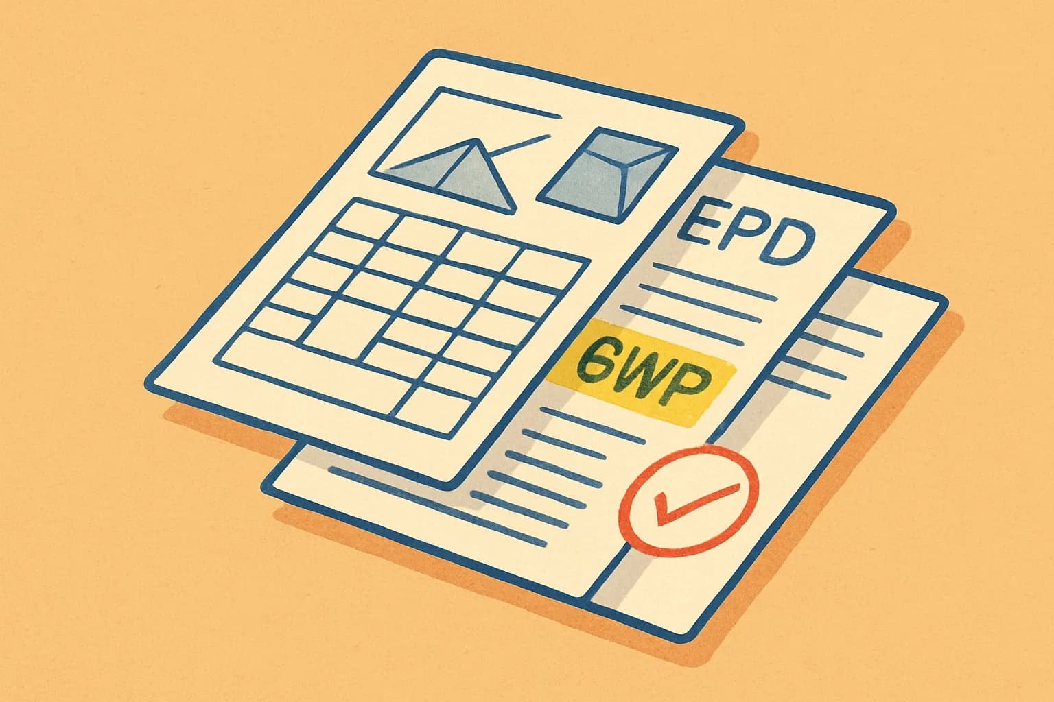 A neatly layered stack showing a mix design sheet, an EPD document with a highlighted GWP number, and a plan‑check stamp to visualize compliance.