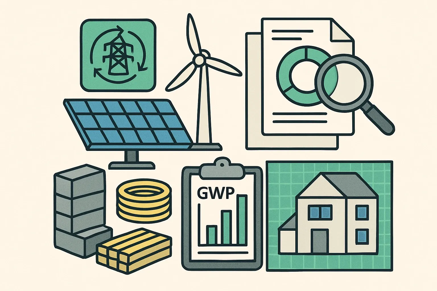 Generate an illustration for an article following this concept:
MA S.2967: Clean grid, EPDs, and your next spec
Massachusetts just hardwired clean energy growth into law while pointing procurement toward embodied‑carbon accountability. If you make concrete, steel, glass, asphalt, wood, insulation, or assemblies that use them, S.2967 quietly changes how fast your data will be requested and how often your product is compared on verified GWP. Here’s what actually matters for manufacturers that want to win bids without slowing operations to a crawl.
Ensure that you use no text, as this illustration will be used on international translations of the article..
Use an illustrative style (e.g. isometic) and don't generate in a photorealistic style.