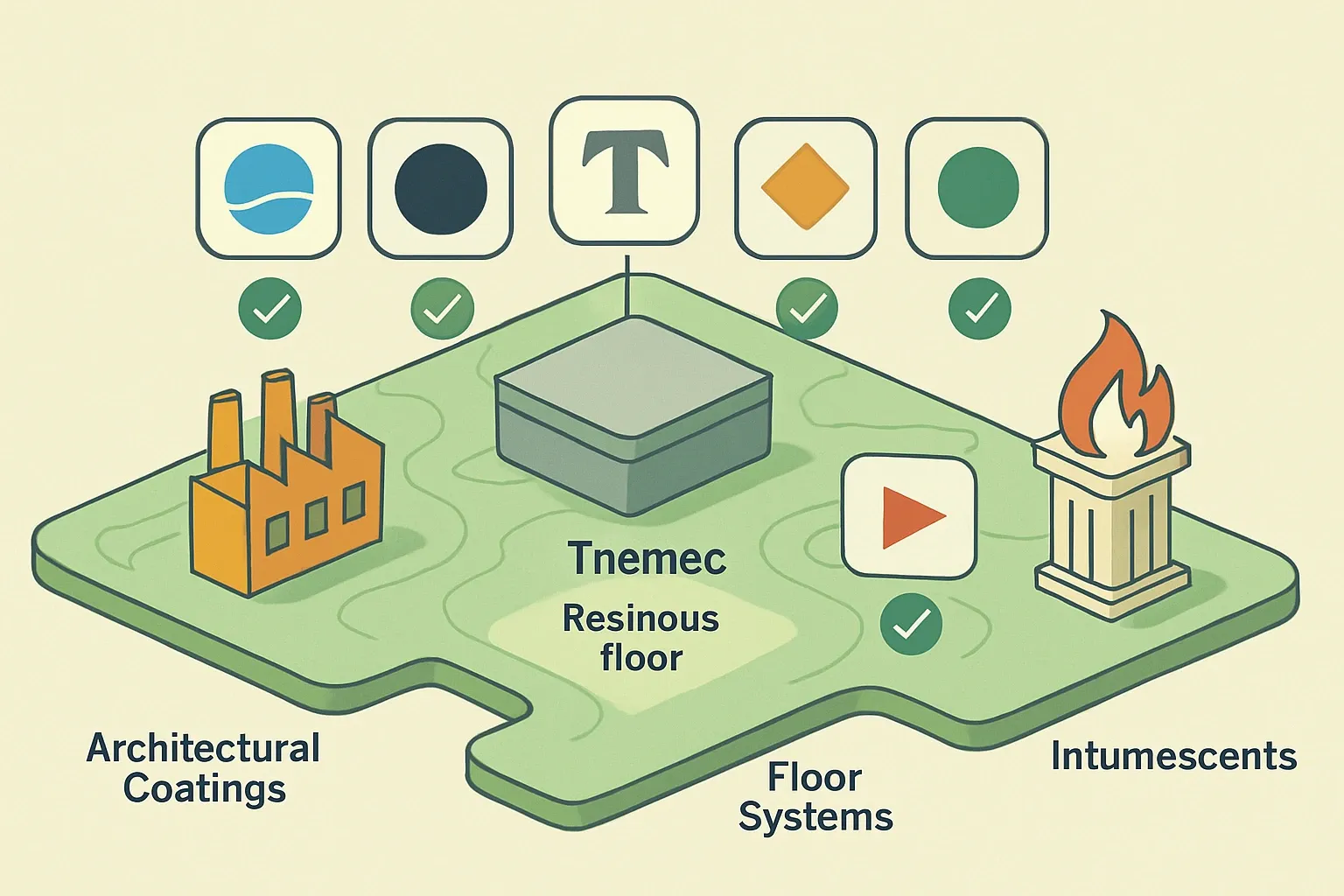 A clean visual map showing Tnemec in resinous floors and competitor logos positioned across categories like architectural coatings, floor systems, and intumescents. Icons indicate PCR alignment.