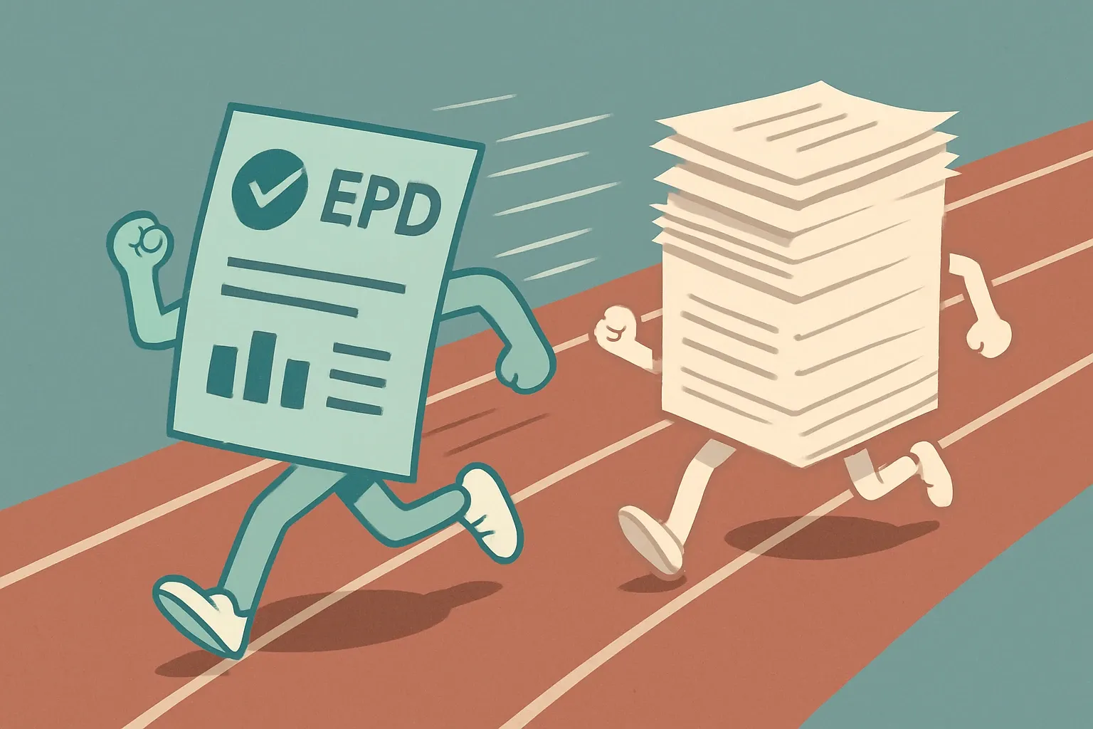Race motif where a precast EPD sprinting ahead of a stack of paper forms representing slow data collection.