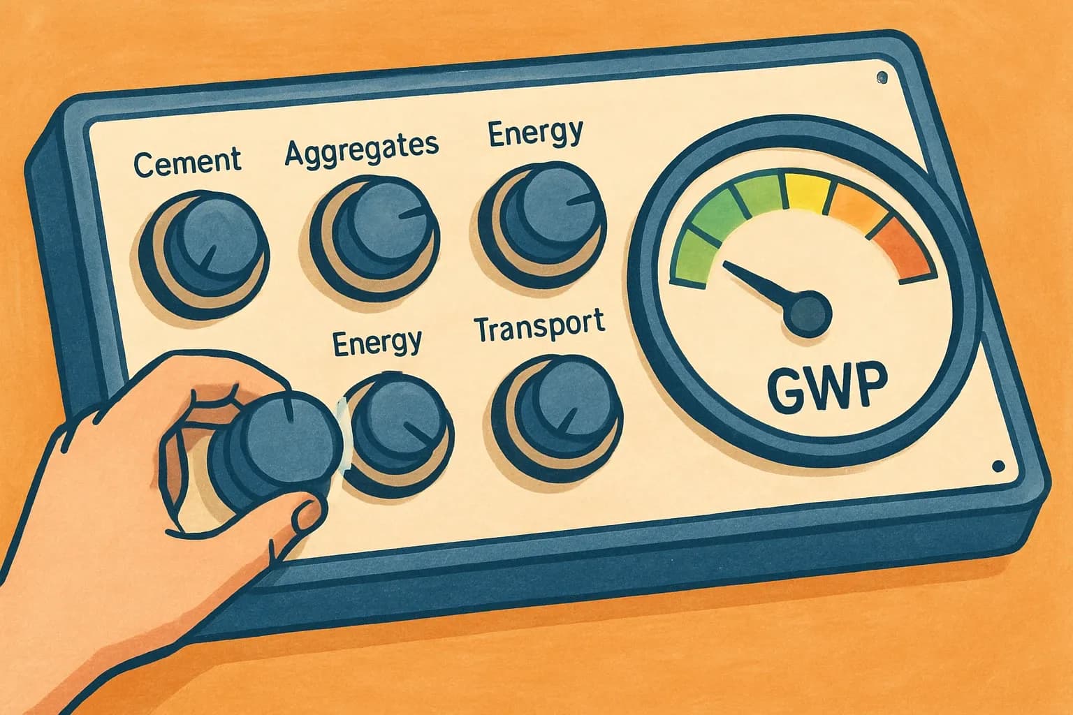 A control panel with dials labeled Cement, SCMs, Aggregates, Energy, and Transport, where turning the Cement dial down clearly lowers a big GWP gauge.