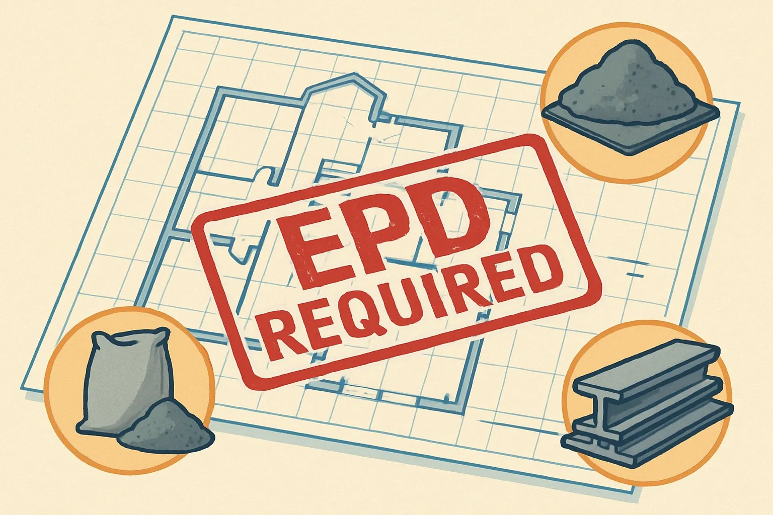 A building blueprint overlaid with a bold red stamp reading 'EPD REQUIRED', surrounded by icons of concrete, asphalt, and steel.