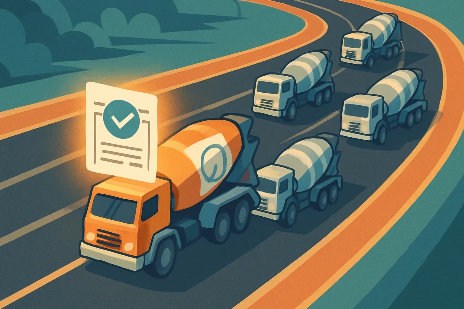Series of concrete and asphalt trucks on a stylized racetrack where the leading truck carries a glowing EPD document, highlighting speed to market with verified data.