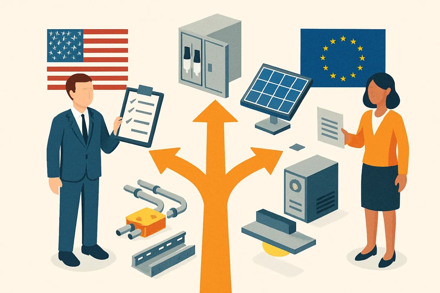 Generate an illustration for an article following this concept:
Power systems EPDs: US and Europe program picks
Switchgear, conduit, cable trays, luminaires, PV, UPS. If your products keep buildings powered, the program operator you publish with decides how quickly specifiers can find and accept your EPD. Here’s the no‑nonsense path to a choice that speeds bids, avoids rework, and keeps your team focused on engineering, not paperwork.
Ensure that you use no text, as this illustration will be used on international translations of the article..
Use an illustrative style (e.g. isometic) and don't generate in a photorealistic style.