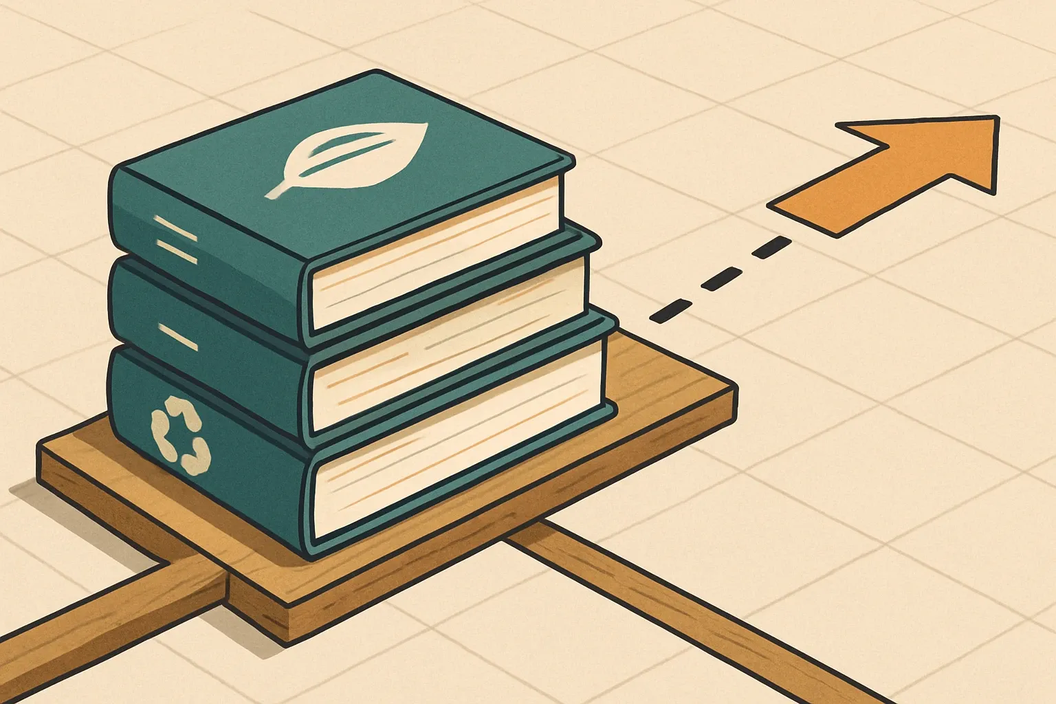 Three slim rulebooks labeled with neutral icons for EN 16485, EN 16810, and ISO 21930 stacked on a wood plank, showing a clear choice path forward across a simple floor grid.