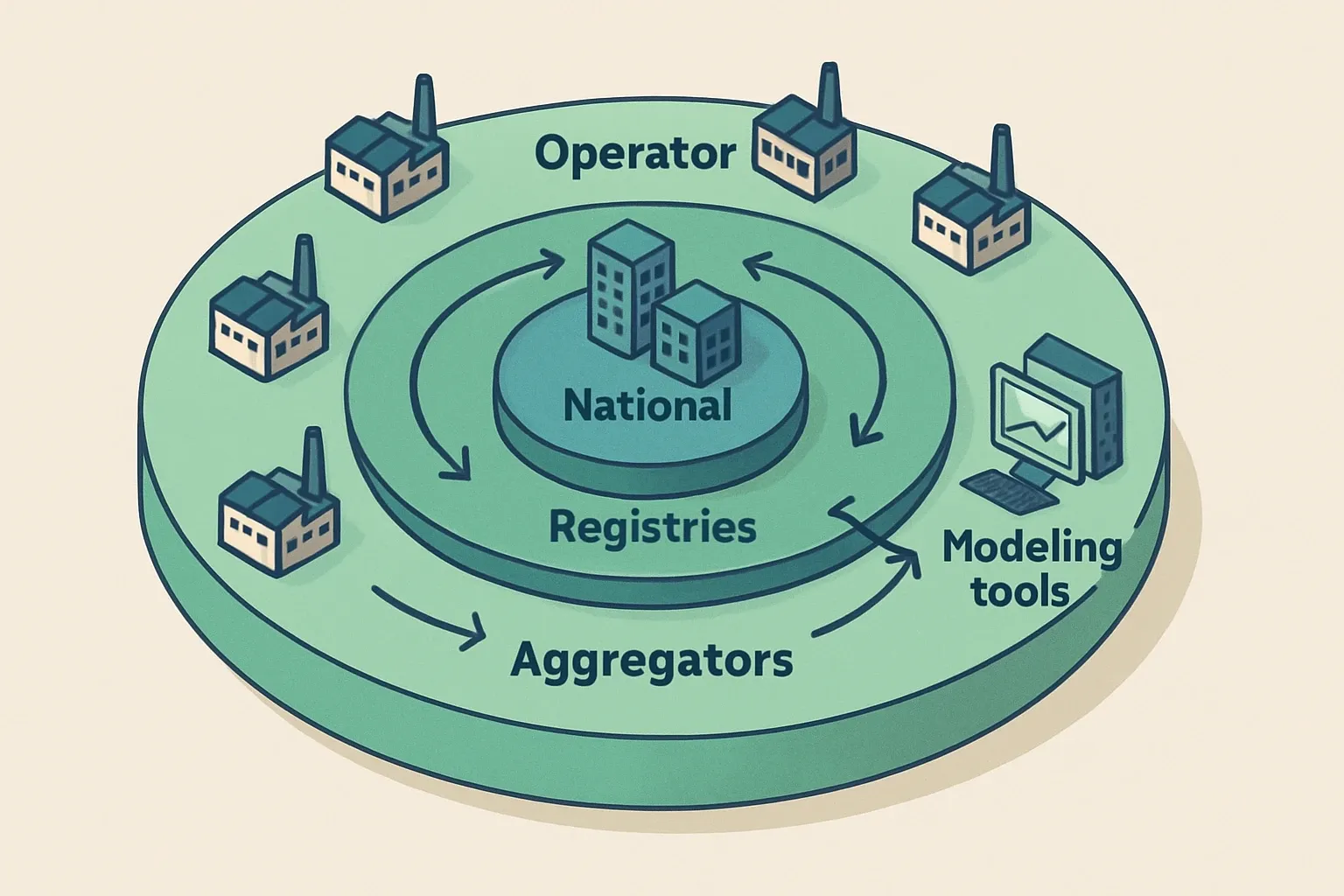 A visual map with three concentric rings labeled Operator Libraries, National Registries, and Aggregators, with arrows showing data flowing from operators to registries and to modeling tools.