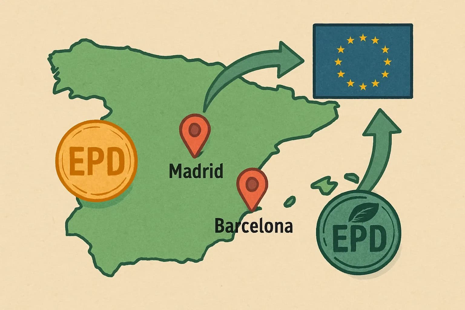 A simple map of Spain highlighting Madrid and Barcelona with small, stamped icons for the two main program operators and arrows pointing to EU recognition via ECO Platform.