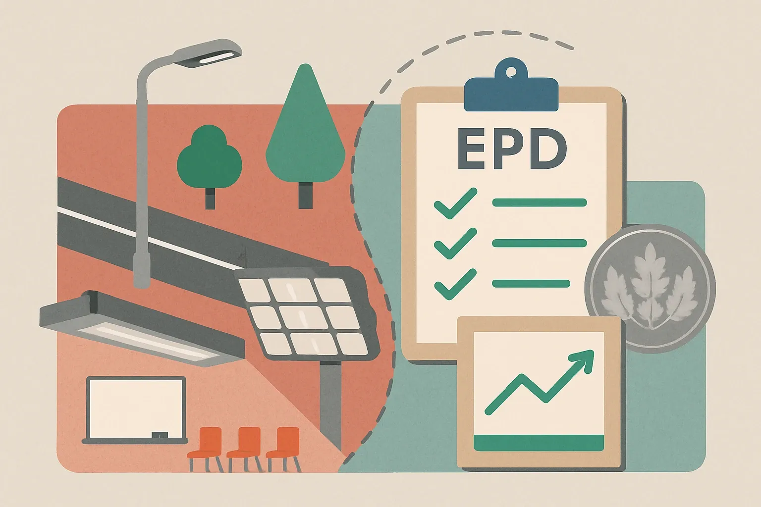 Generate an illustration for an article following this concept:
Thorn Lighting and EPDs: where coverage stands
Thorn Lighting is a familiar badge on roads, schools, stadiums and shop floors. The portfolio is wide, the brand is strong, and specifiers already know where to use it. What many teams ask now is simple yet high stakes. How fully are Thorn’s current products covered by product specific EPDs, and what does that mean for winning specs that prefer or require them under LEED v5 policies and owner standards.
Ensure that you use no text, as this illustration will be used on international translations of the article..
Use an illustrative style (e.g. isometic) and don't generate in a photorealistic style.